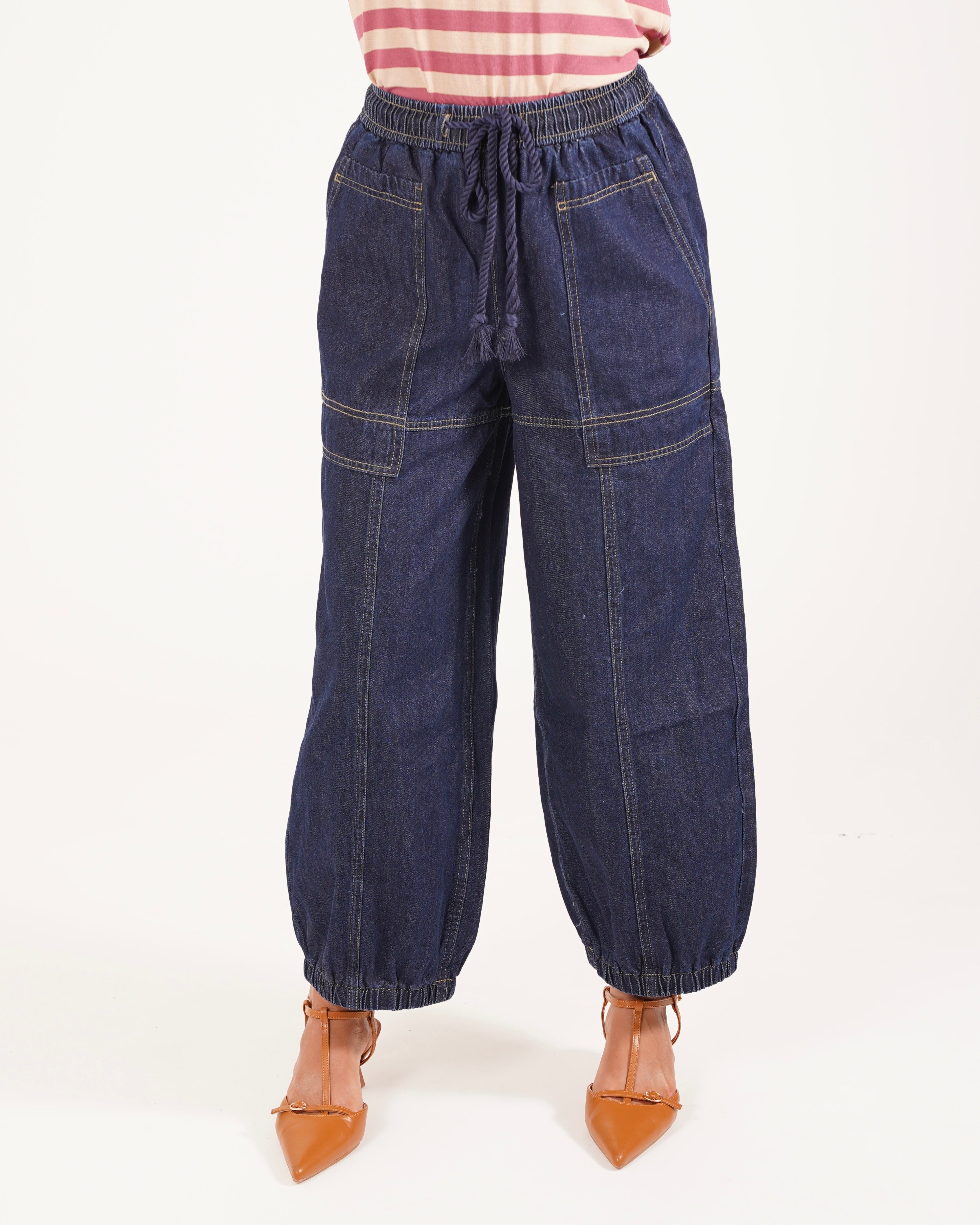 Pantaloni Cargo in Tela di Denim Scuro con Impunture - Fiona