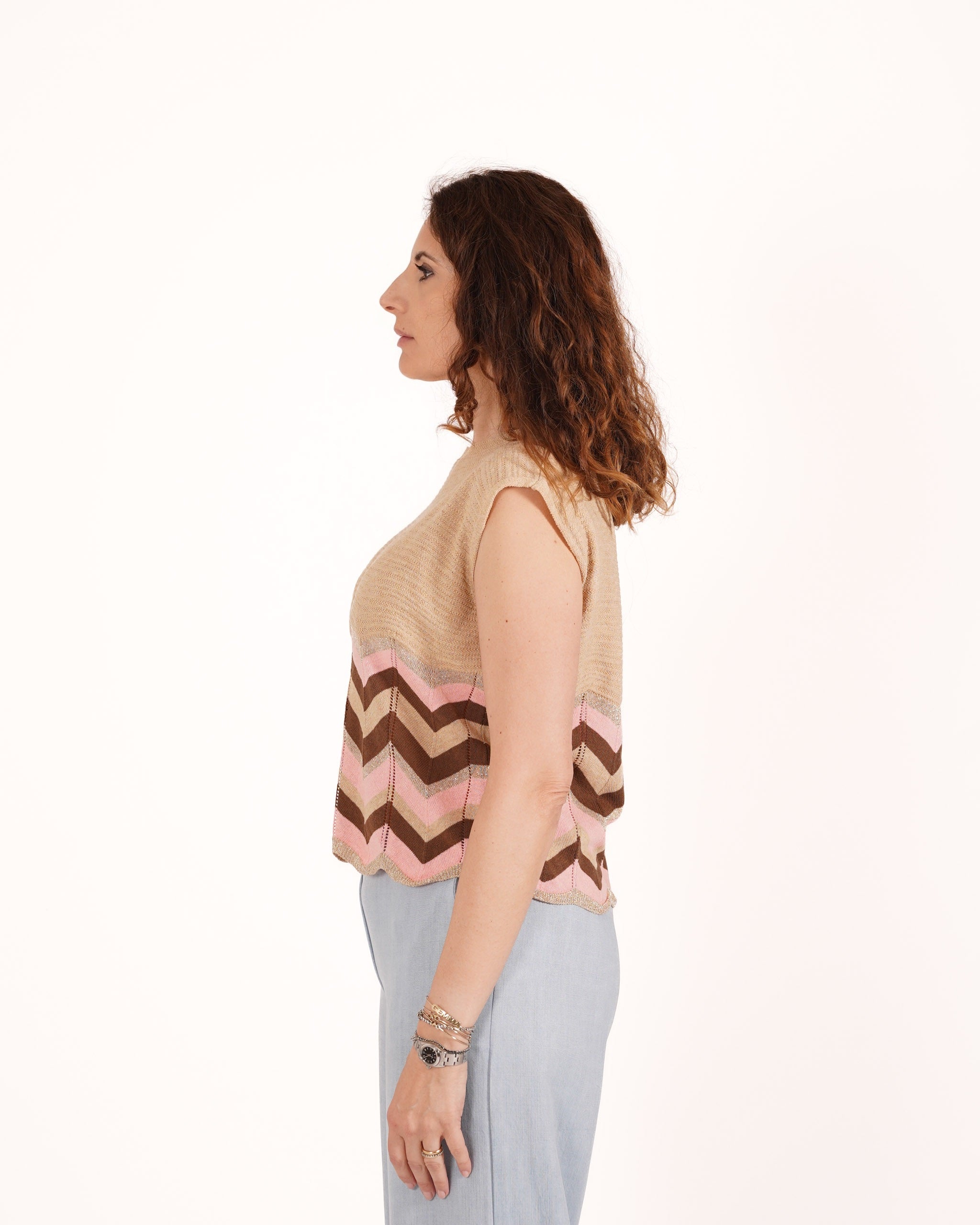 Maglia girocollo smanicato in cotone con trama chevron - Edoarda