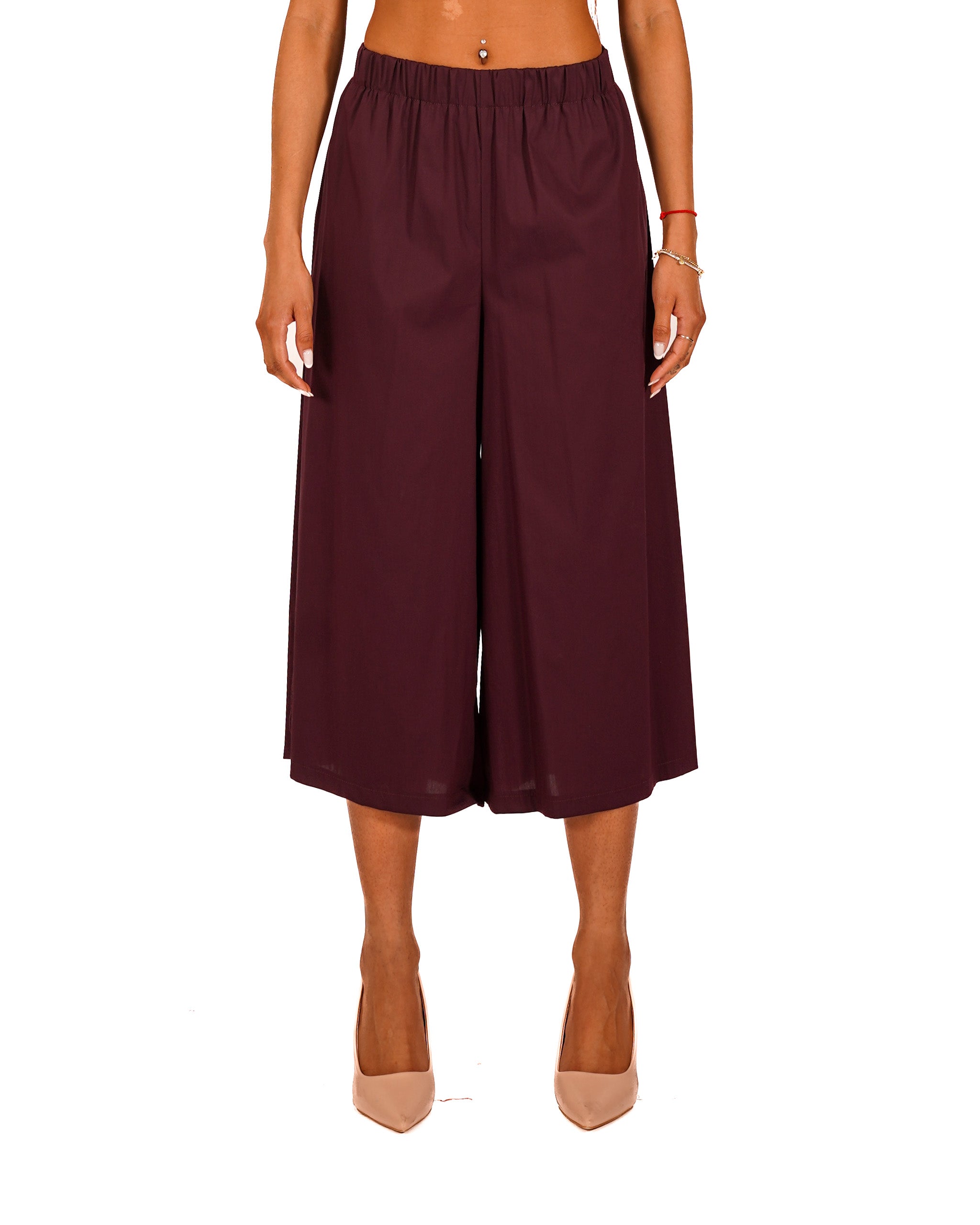 Pantaloni cropped in cotone con gamba larga - Prugna