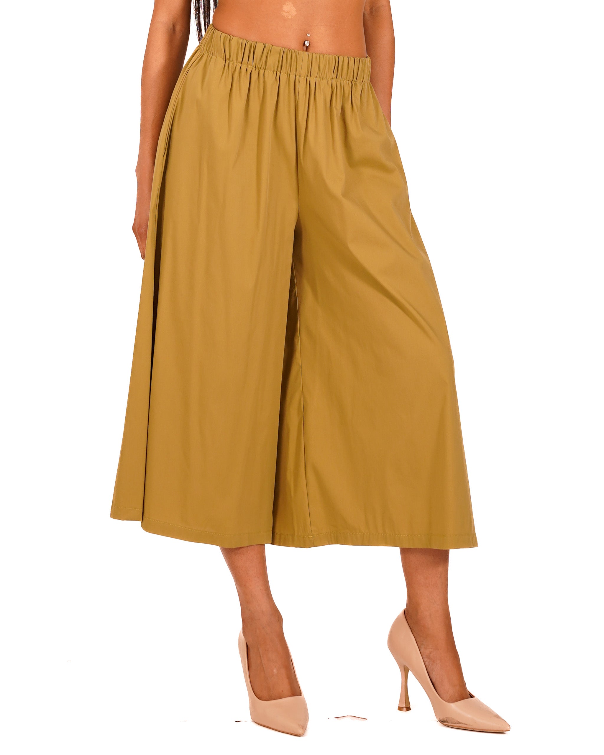 Pantaloni cropped in cotone con gamba larga - Prugna