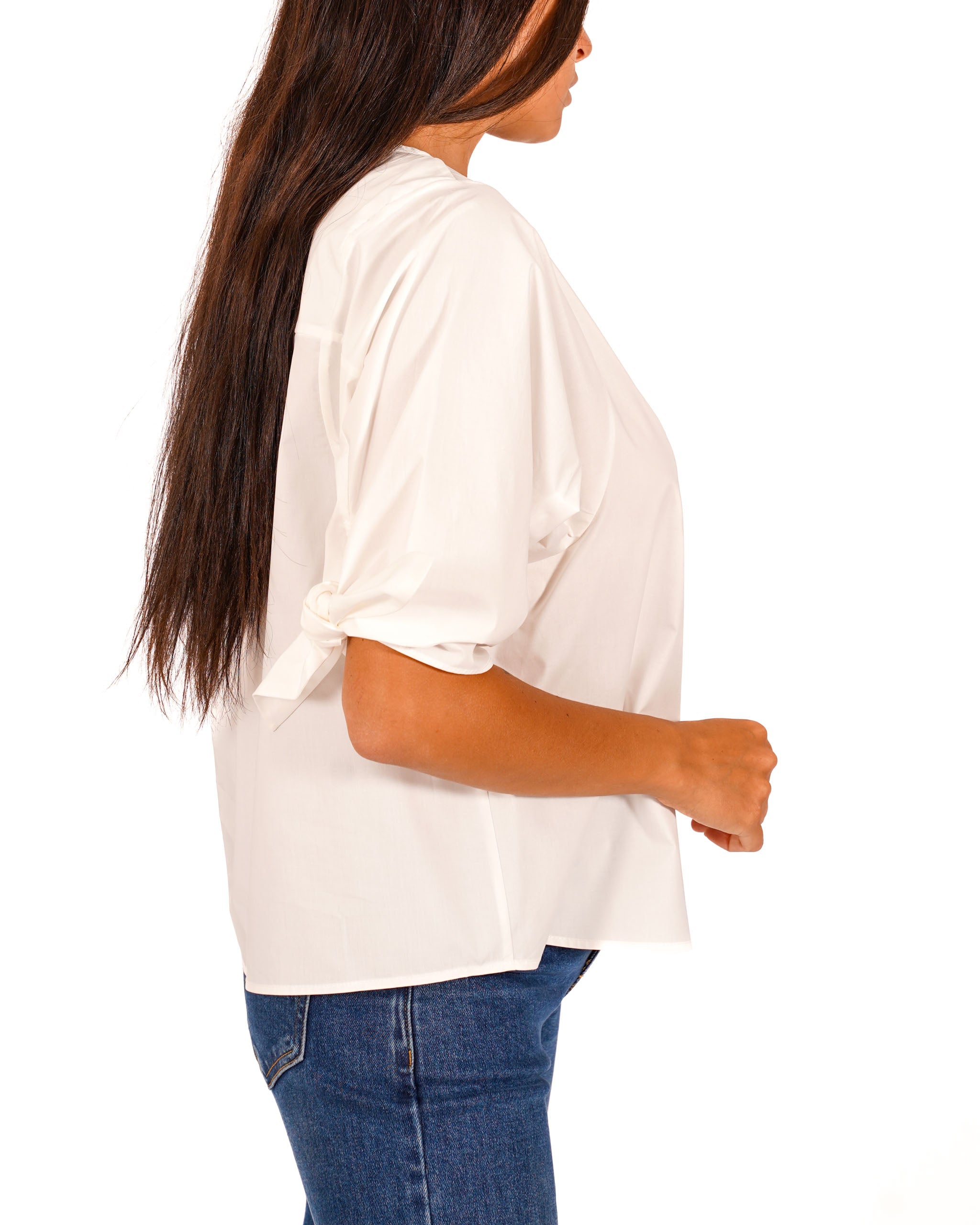 Blusa girocollo in cotone con fiocco su maniche - Tisbe