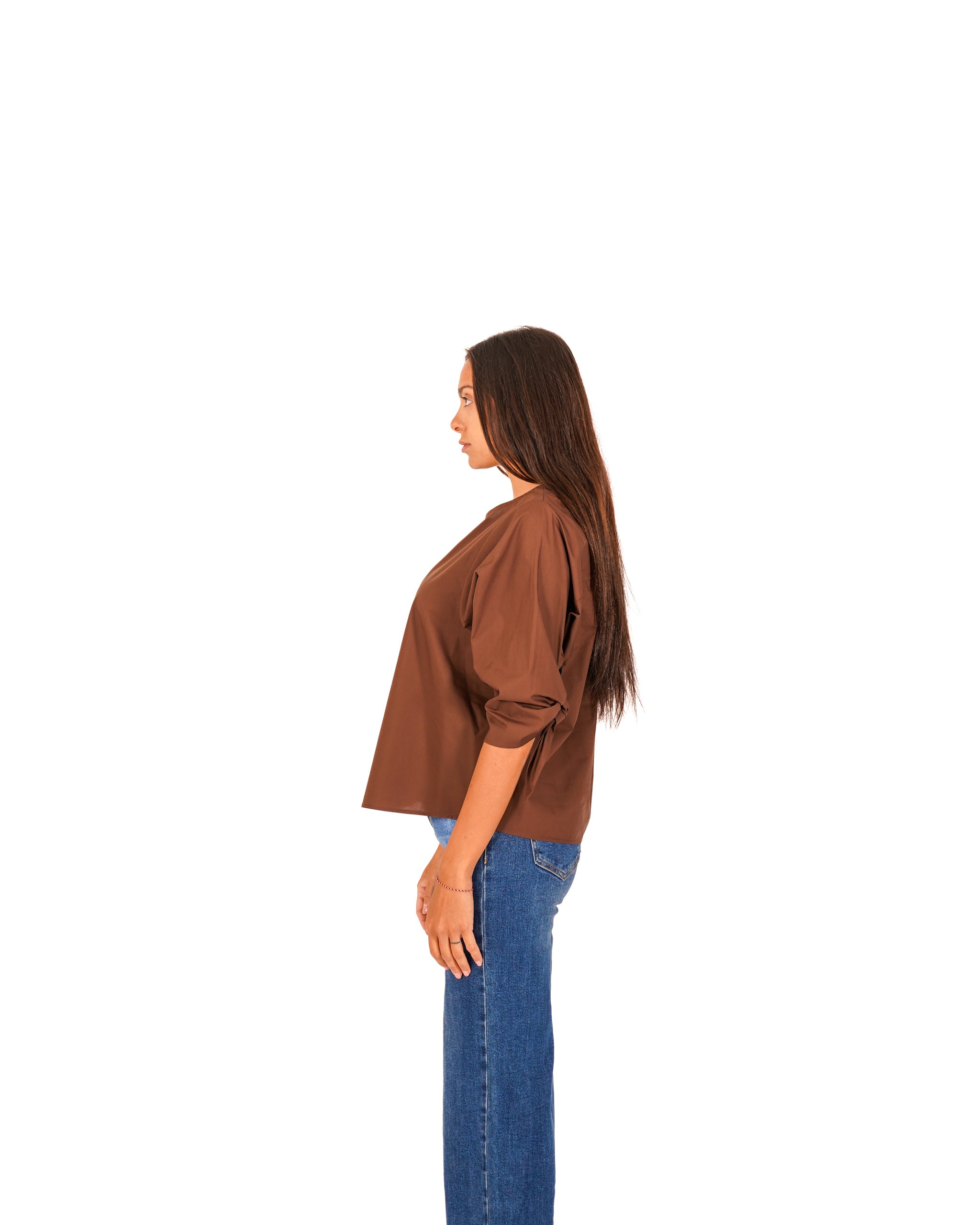Blusa girocollo in cotone con fiocco su maniche - Tisbe