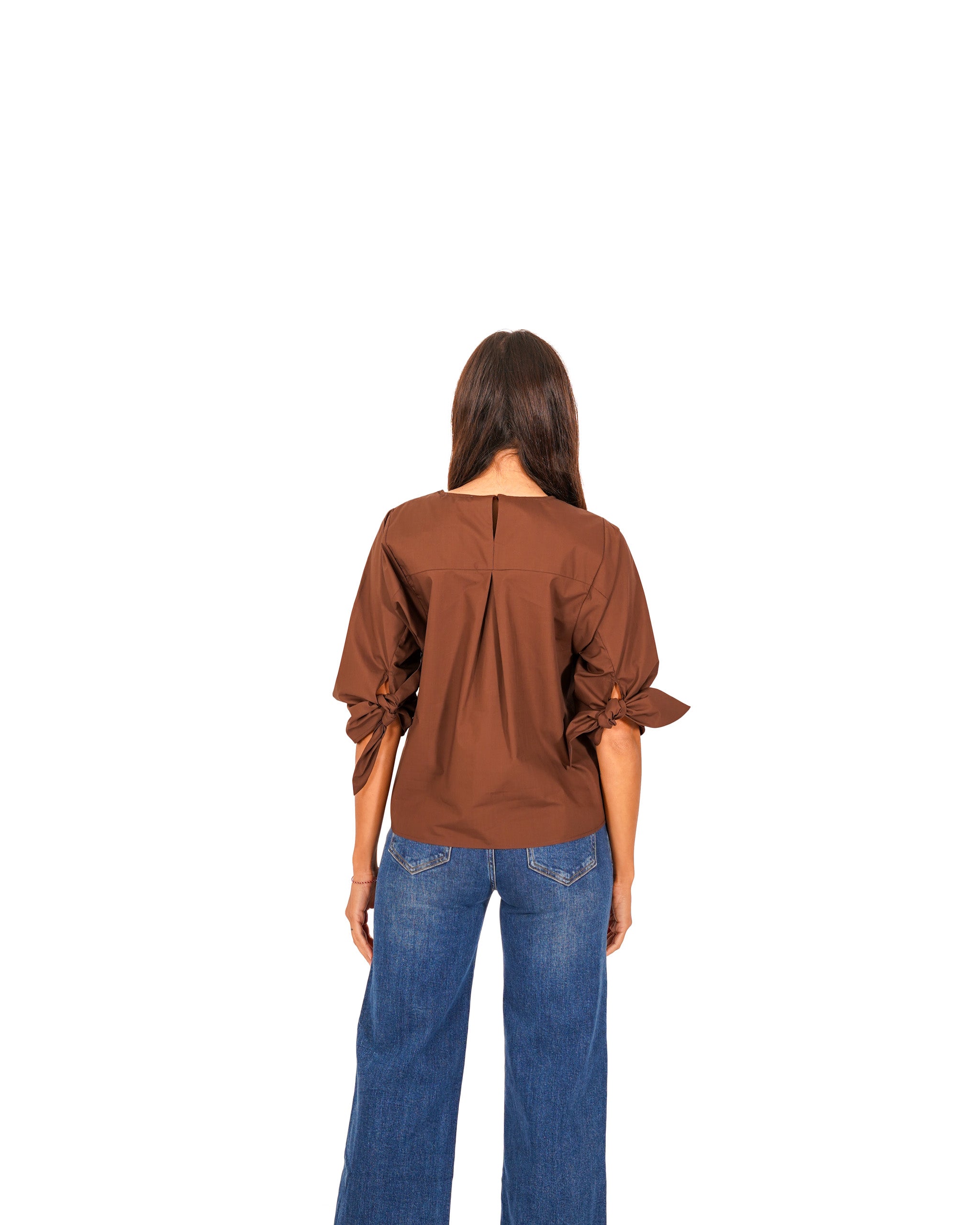 Blusa girocollo in cotone con fiocco su maniche - Tisbe