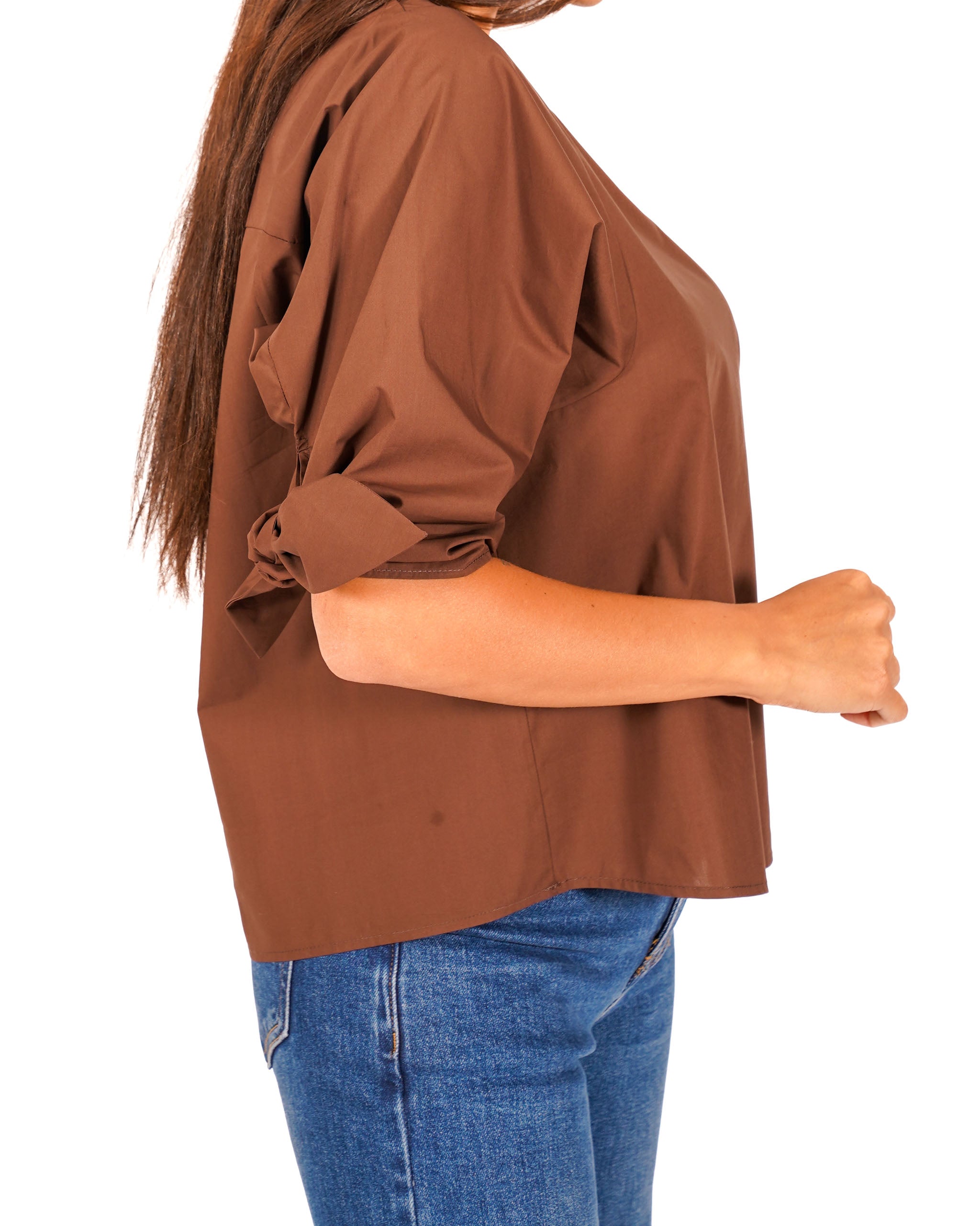 Blusa girocollo in cotone con fiocco su maniche - Tisbe
