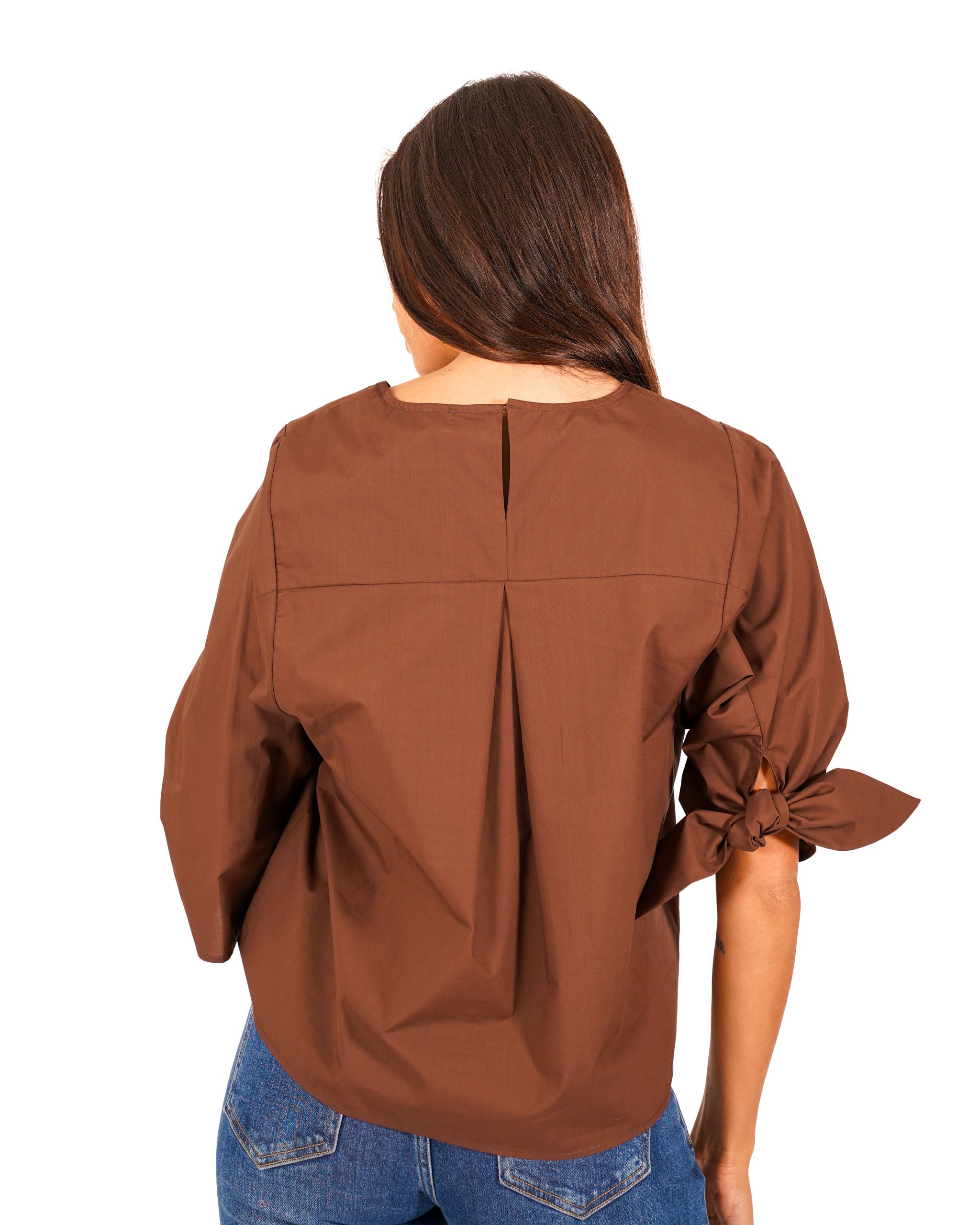 Blusa girocollo in cotone con fiocco su maniche - Tisbe