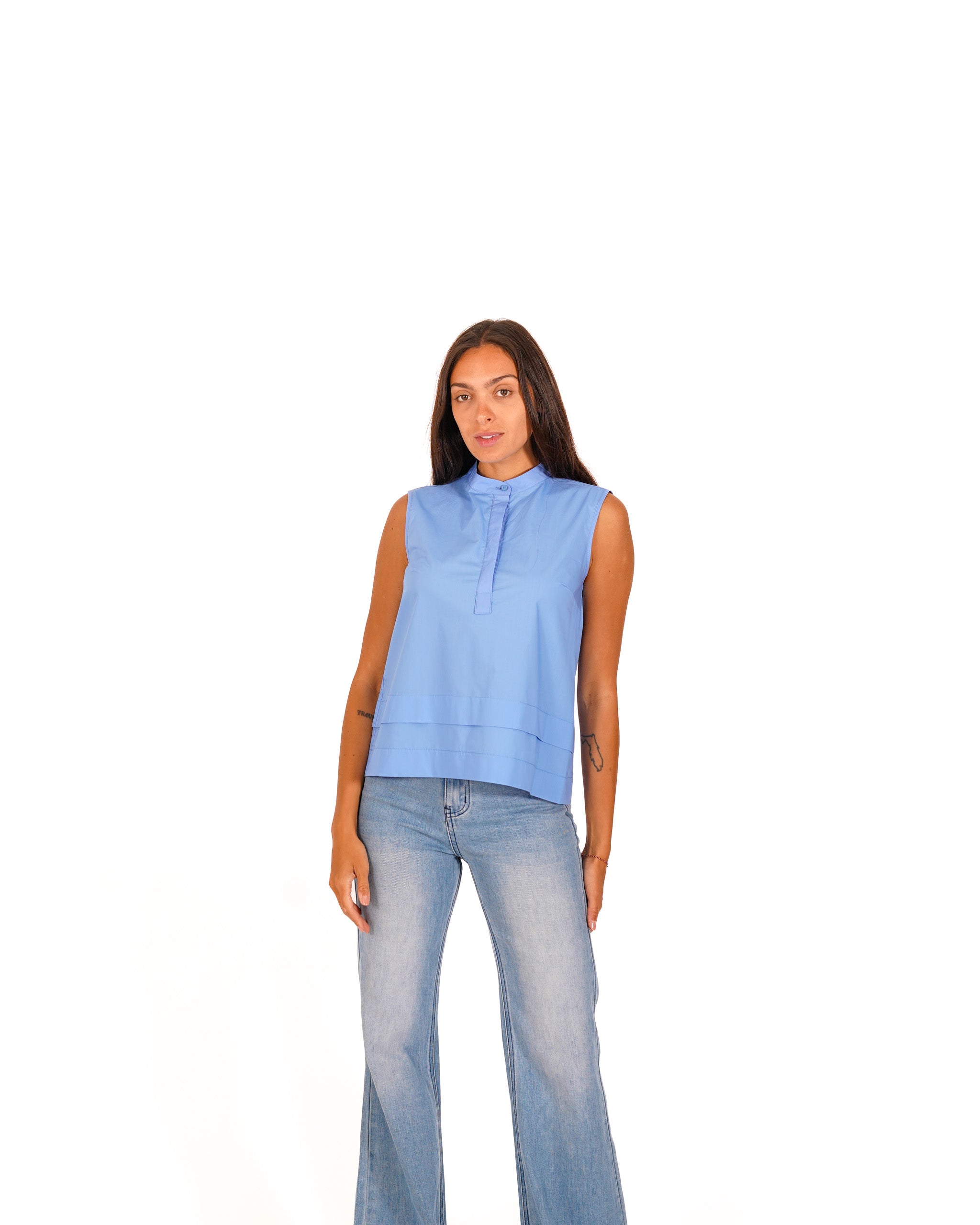 Blusa smanicata in cotone con colletto alla coreana - Sibilla