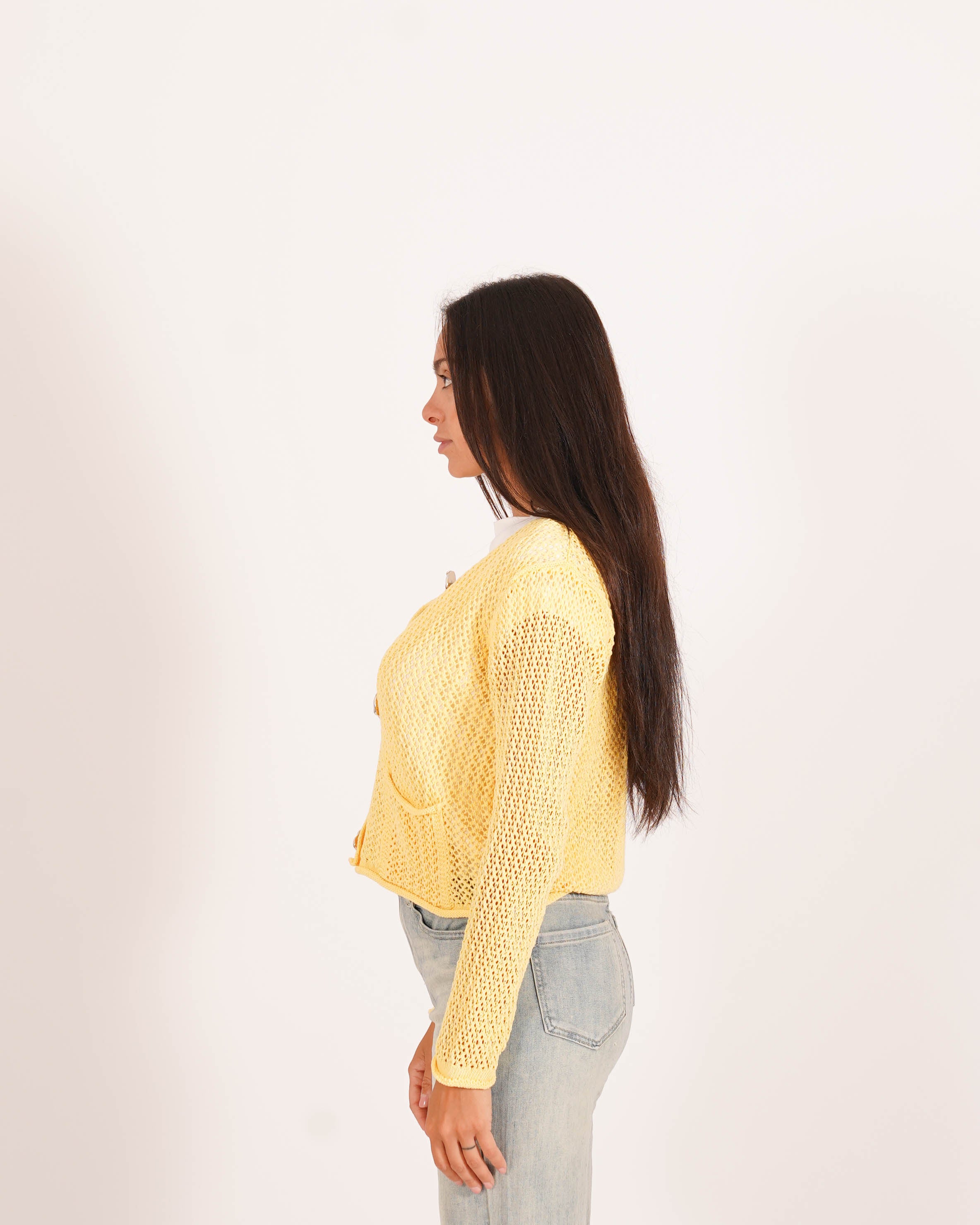 Cardigan in filo di cotone con bottoni oro e tasche frontali - Canarino
