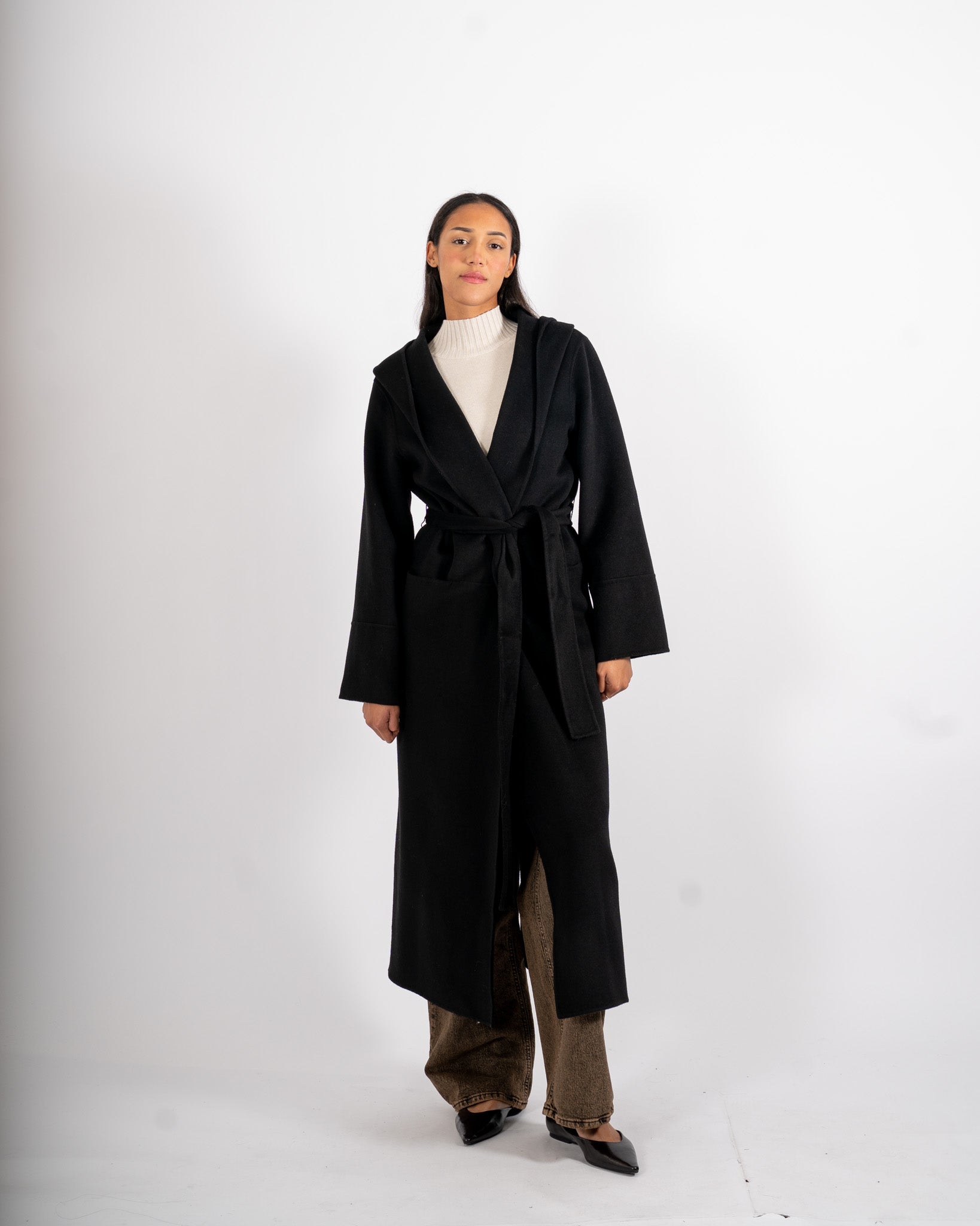 Cappotto lungo con cappuccio e cintura removibile in tessuto double di lana - Bertolucci