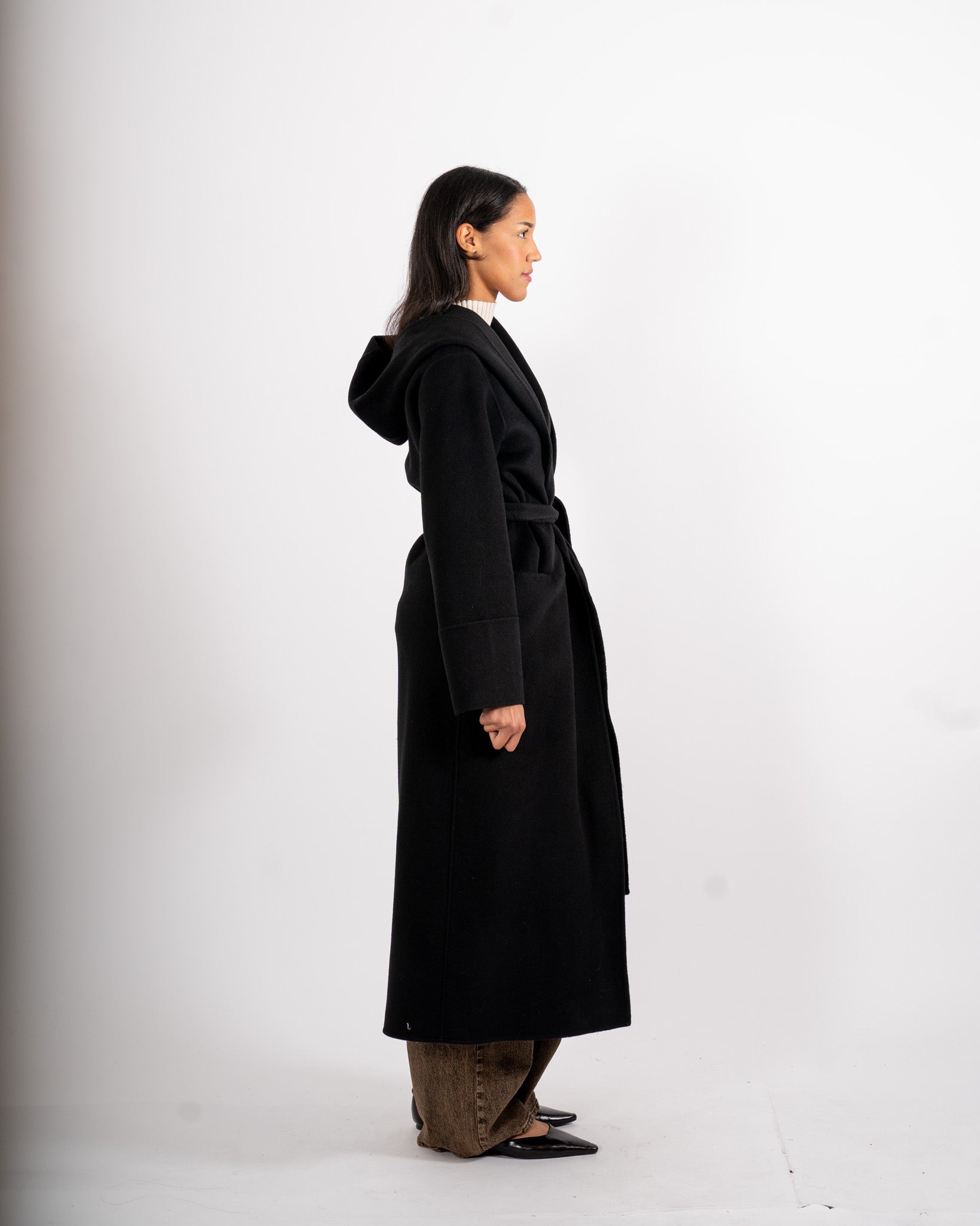 Cappotto lungo con cappuccio e cintura removibile in tessuto double di lana - Bertolucci