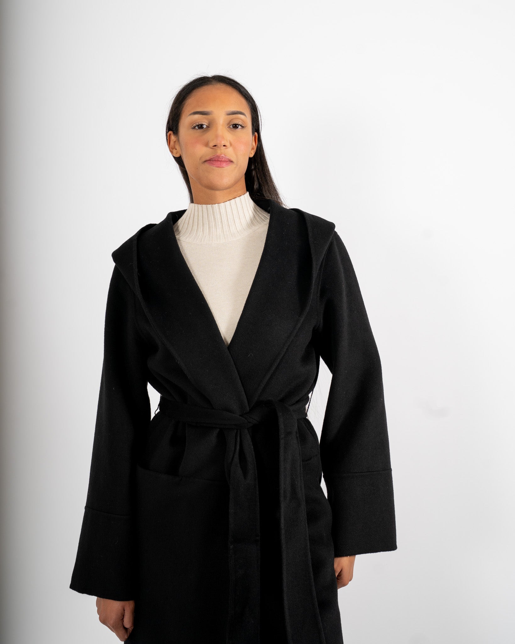 Cappotto lungo con cappuccio e cintura removibile in tessuto double di lana - Bertolucci