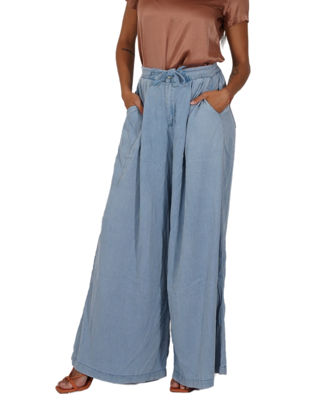 Pantaloni con coulisse in tessuto chambray - Albicocca