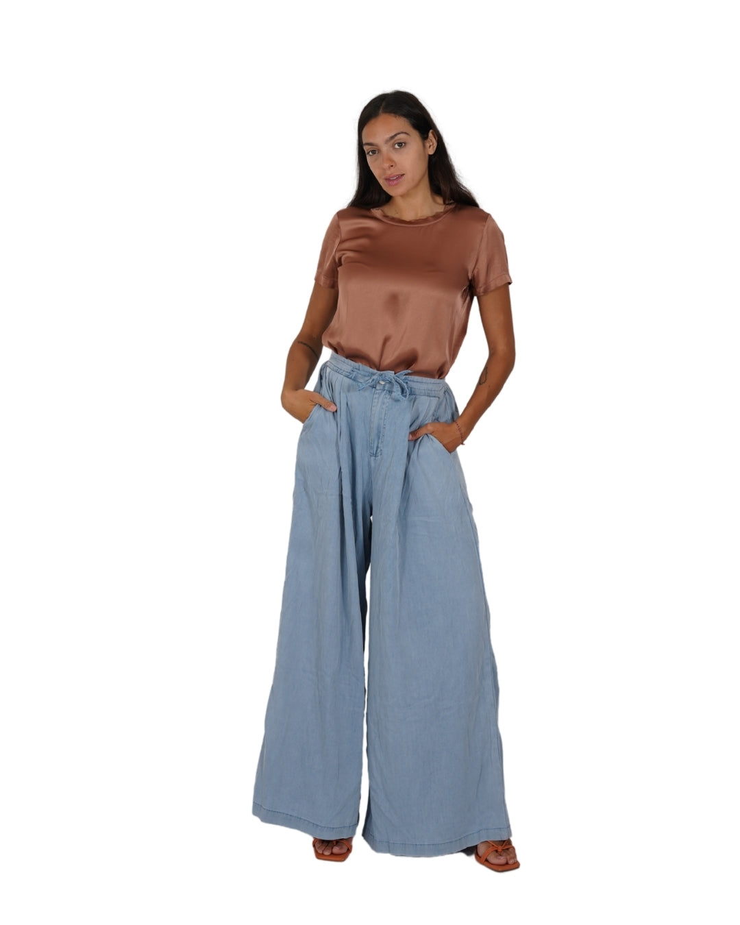 Pantaloni con coulisse in tessuto chambray - Albicocca