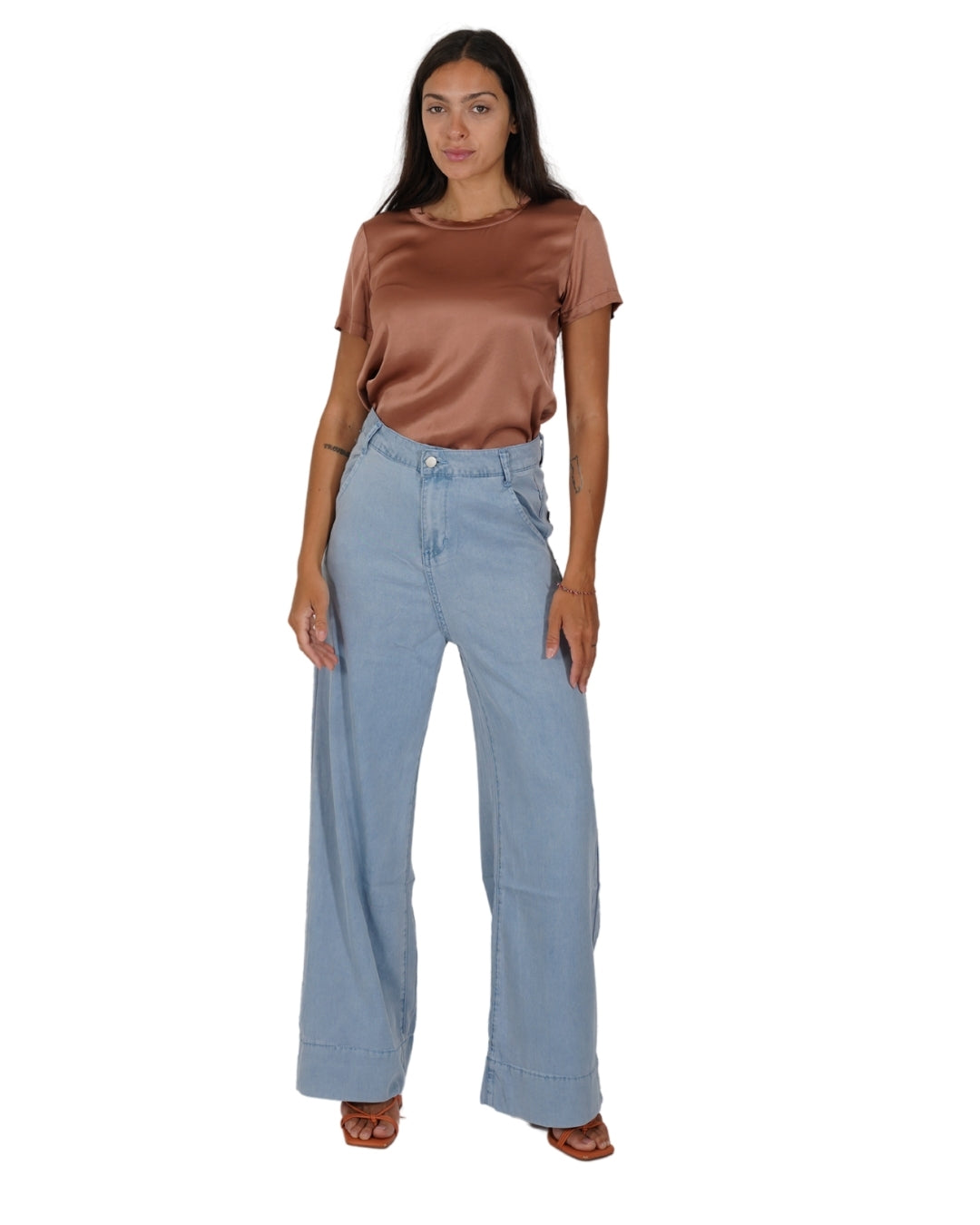 Pantaloni taglio jeans in tessuto chambray - Susina