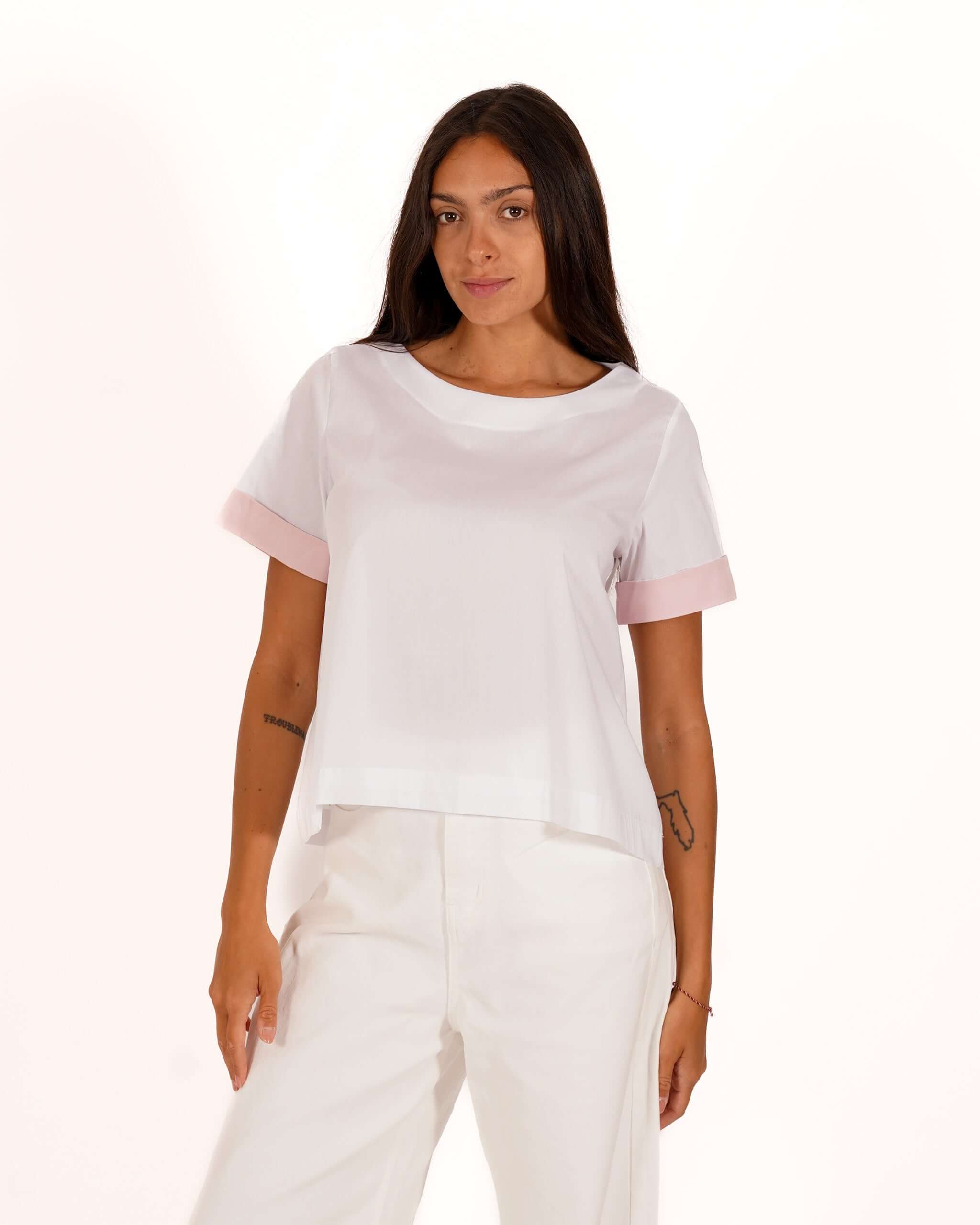 Blusa mezza manica con risvolto a contrasto - Janette