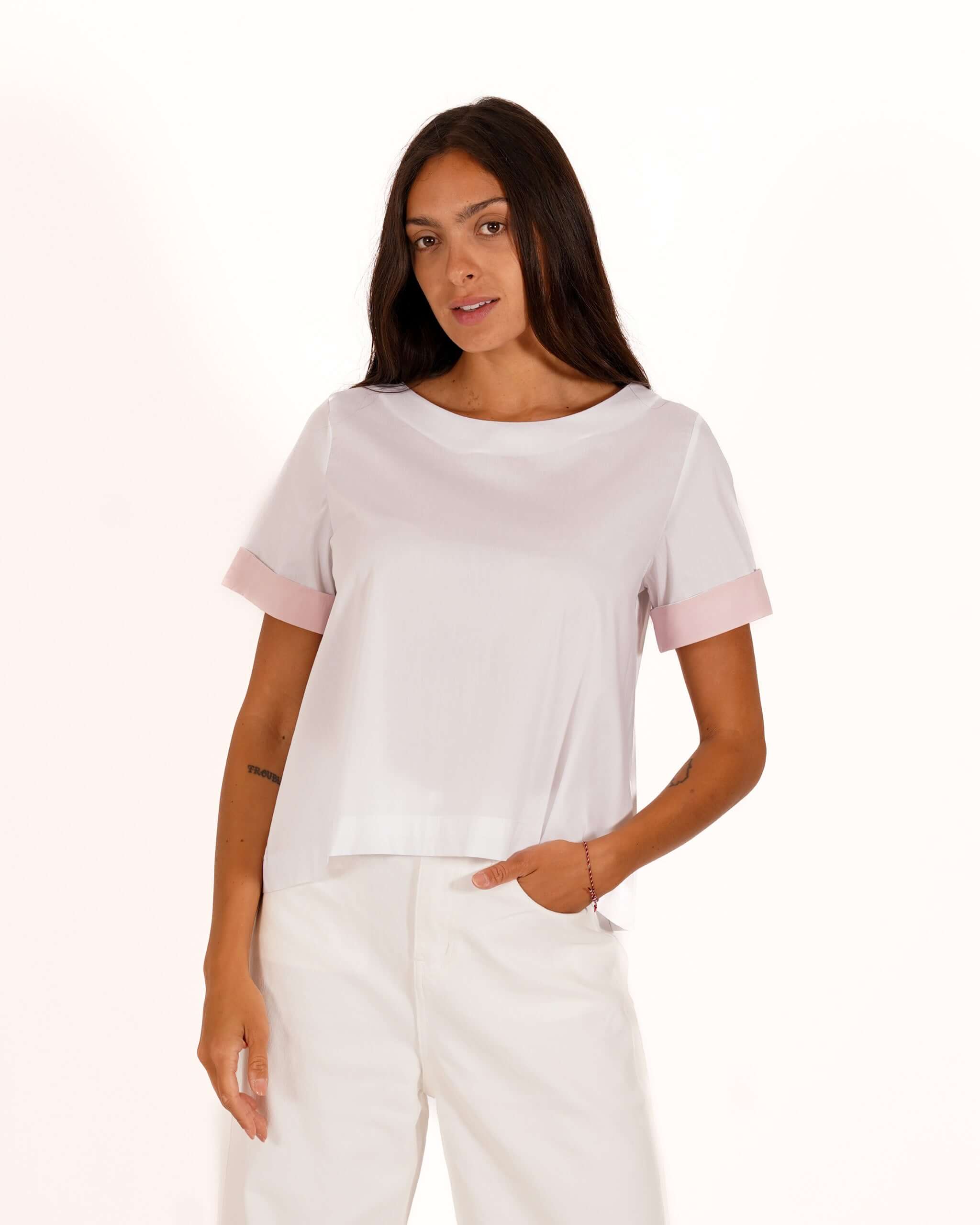 Blusa mezza manica con risvolto a contrasto - Janette