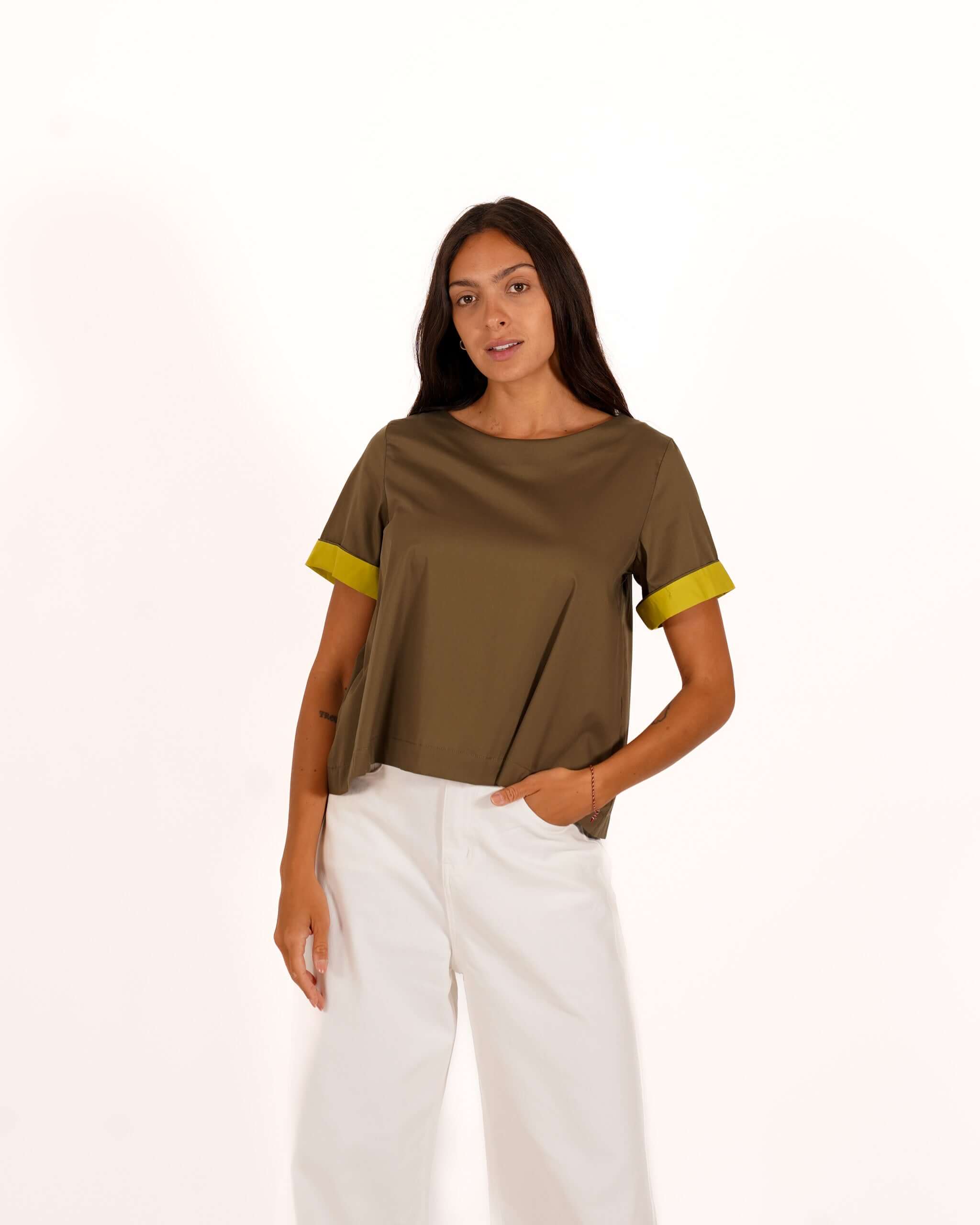 Blusa mezza manica con risvolto a contrasto - Janette