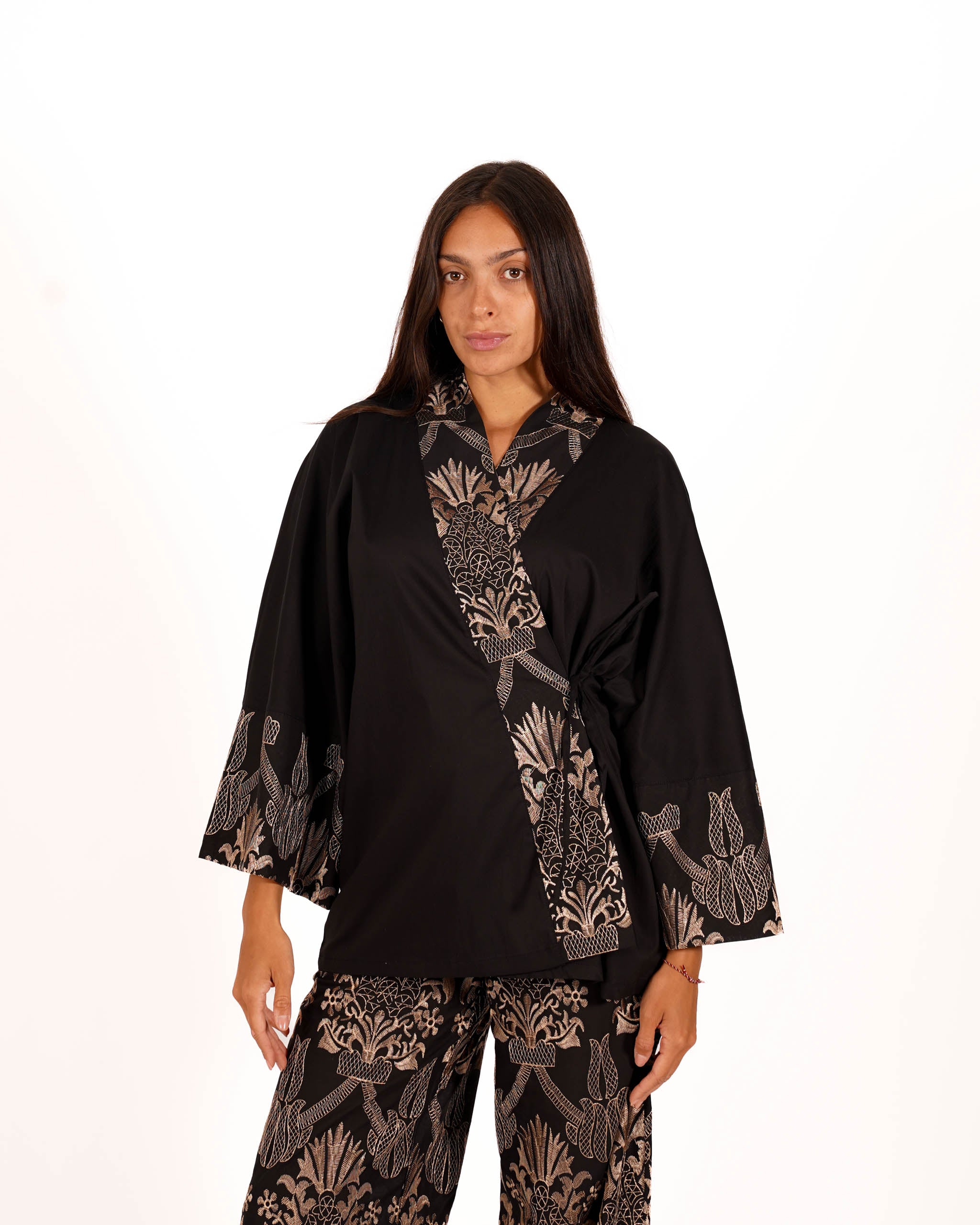 Kimono manica ampia con ricamo oro in misto cotone - Marilisa