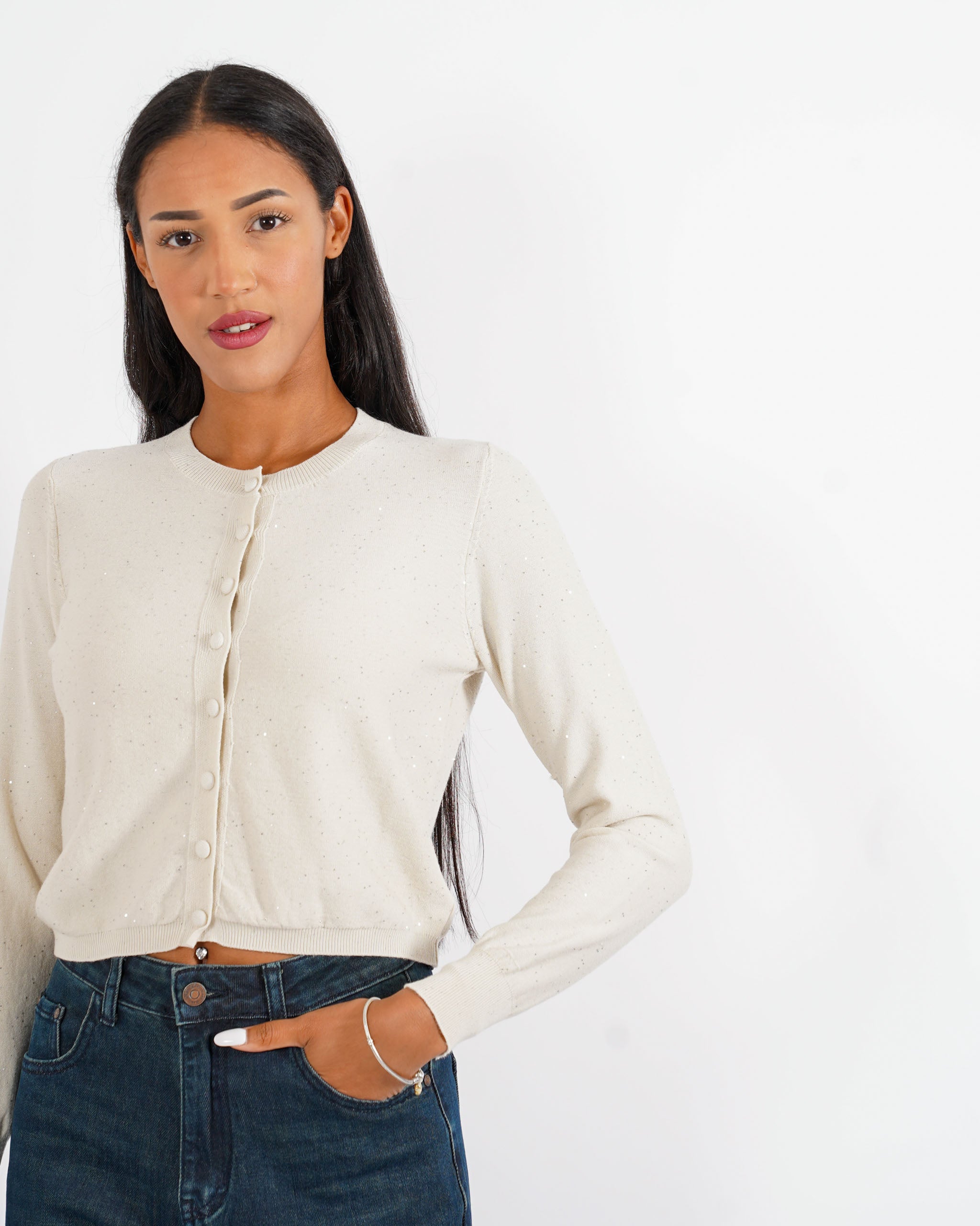 Cardigan in maglia con micro paillettes e bottoni rivestiti - Elias - Hope Fashion