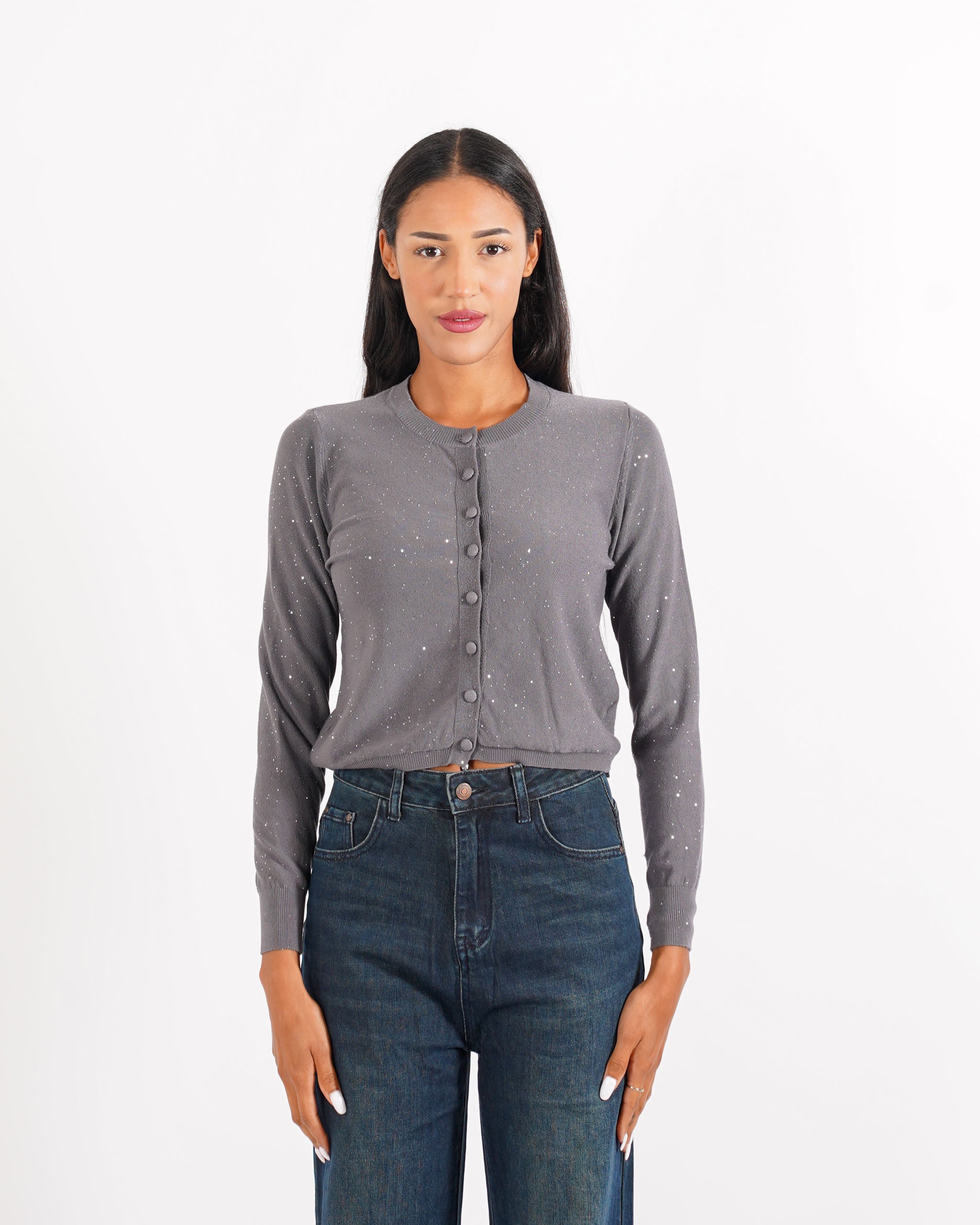 Cardigan in maglia con micro paillettes e bottoni rivestiti - Elias - Hope Fashion