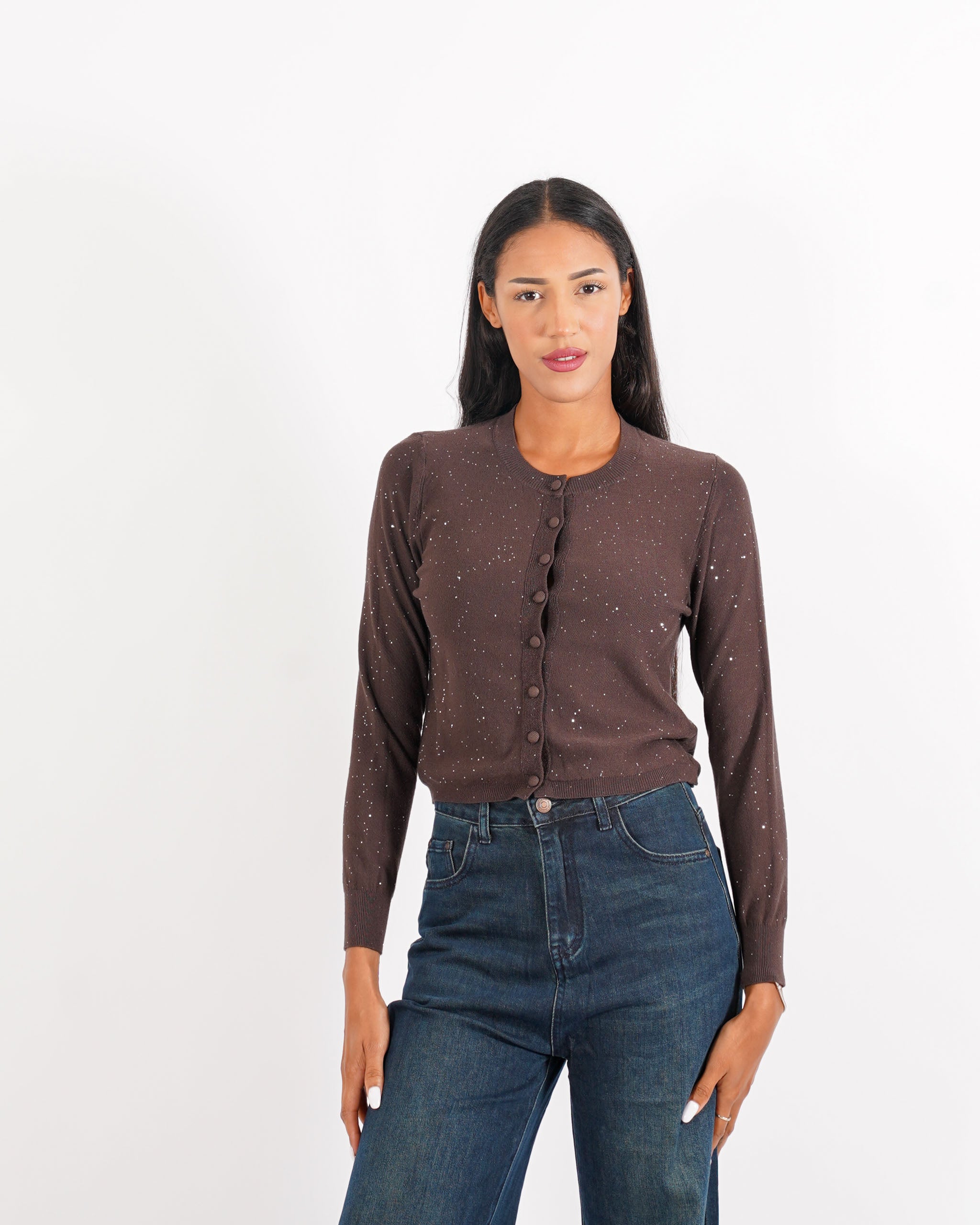 Cardigan in maglia con micro paillettes e bottoni rivestiti - Elias - Hope Fashion