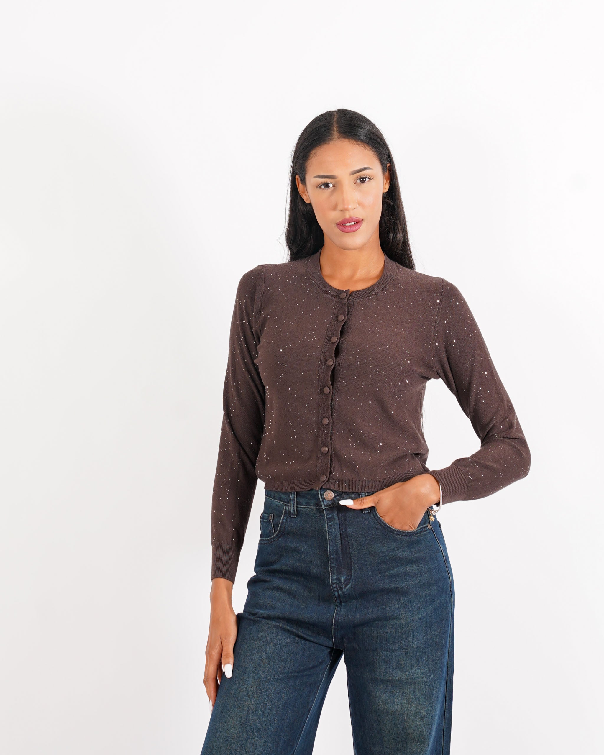 Cardigan in maglia con micro paillettes e bottoni rivestiti - Elias - Hope Fashion