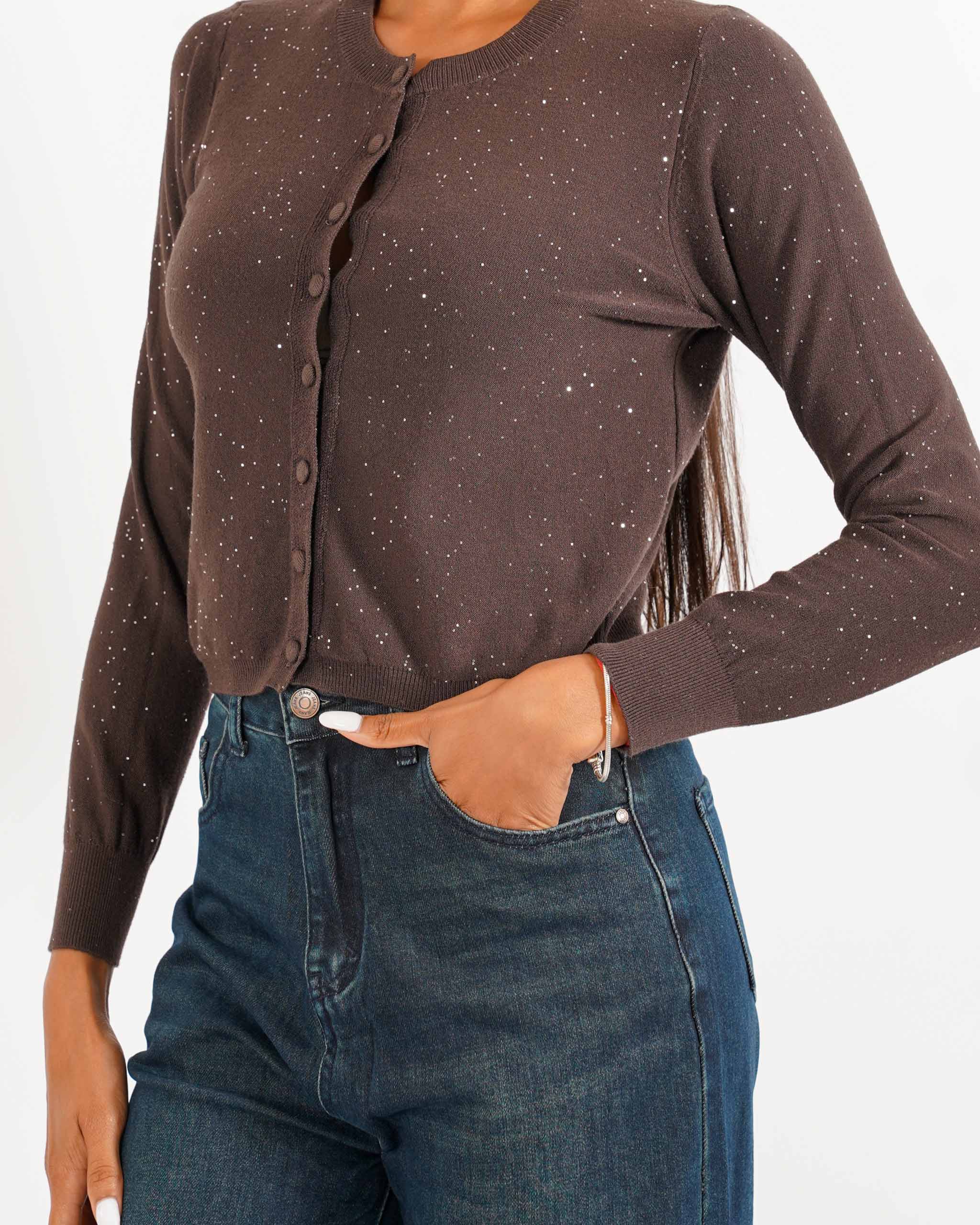 Cardigan in maglia con micro paillettes e bottoni rivestiti - Elias - Hope Fashion