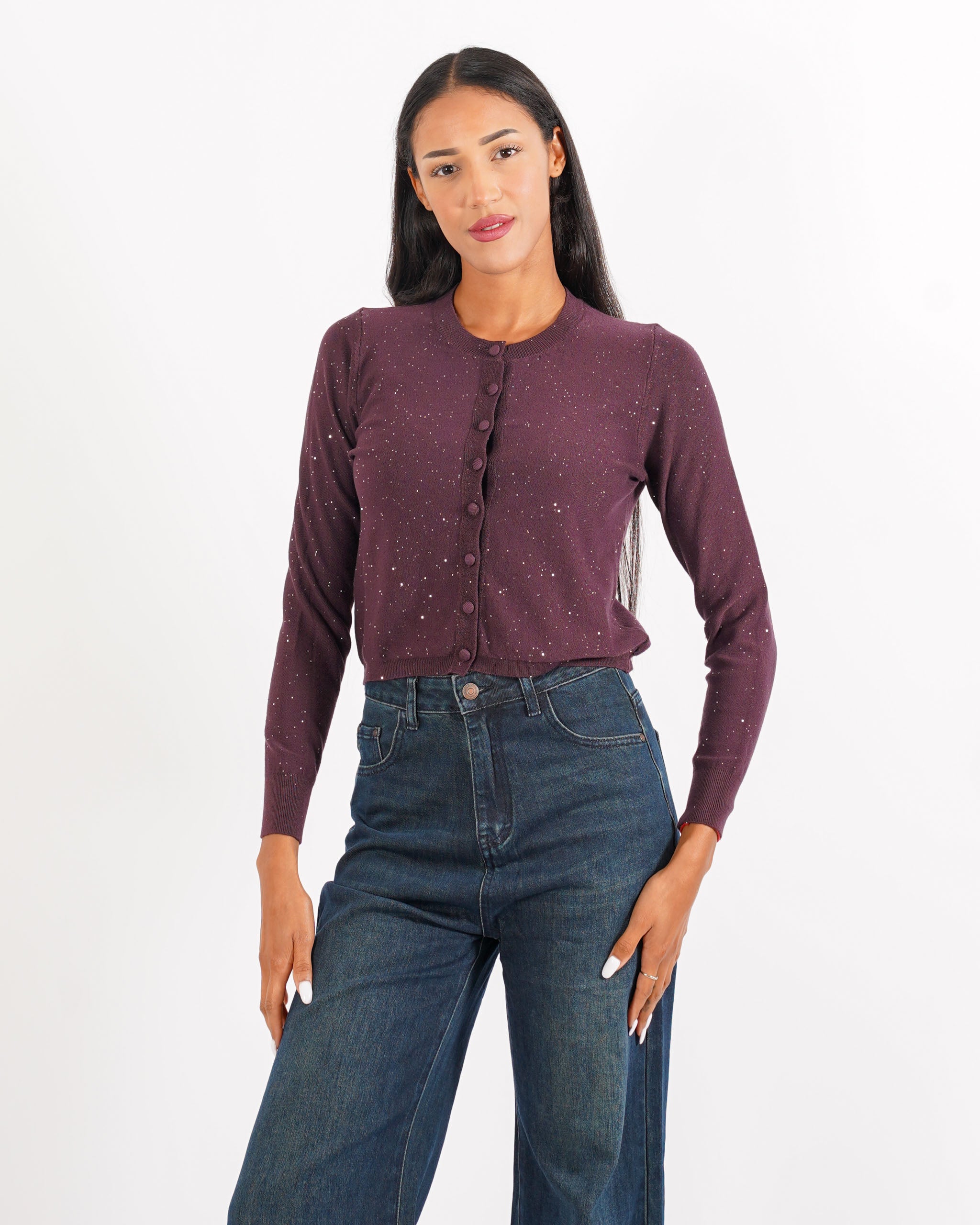 Cardigan in maglia con micro paillettes e bottoni rivestiti - Elias - Hope Fashion