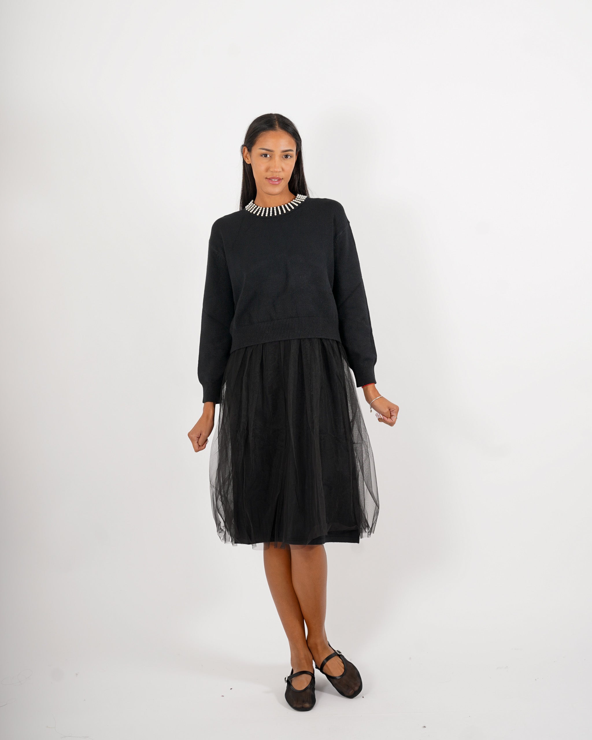 Abito girocollo con applicazione in tricot e in tulle - Crimea