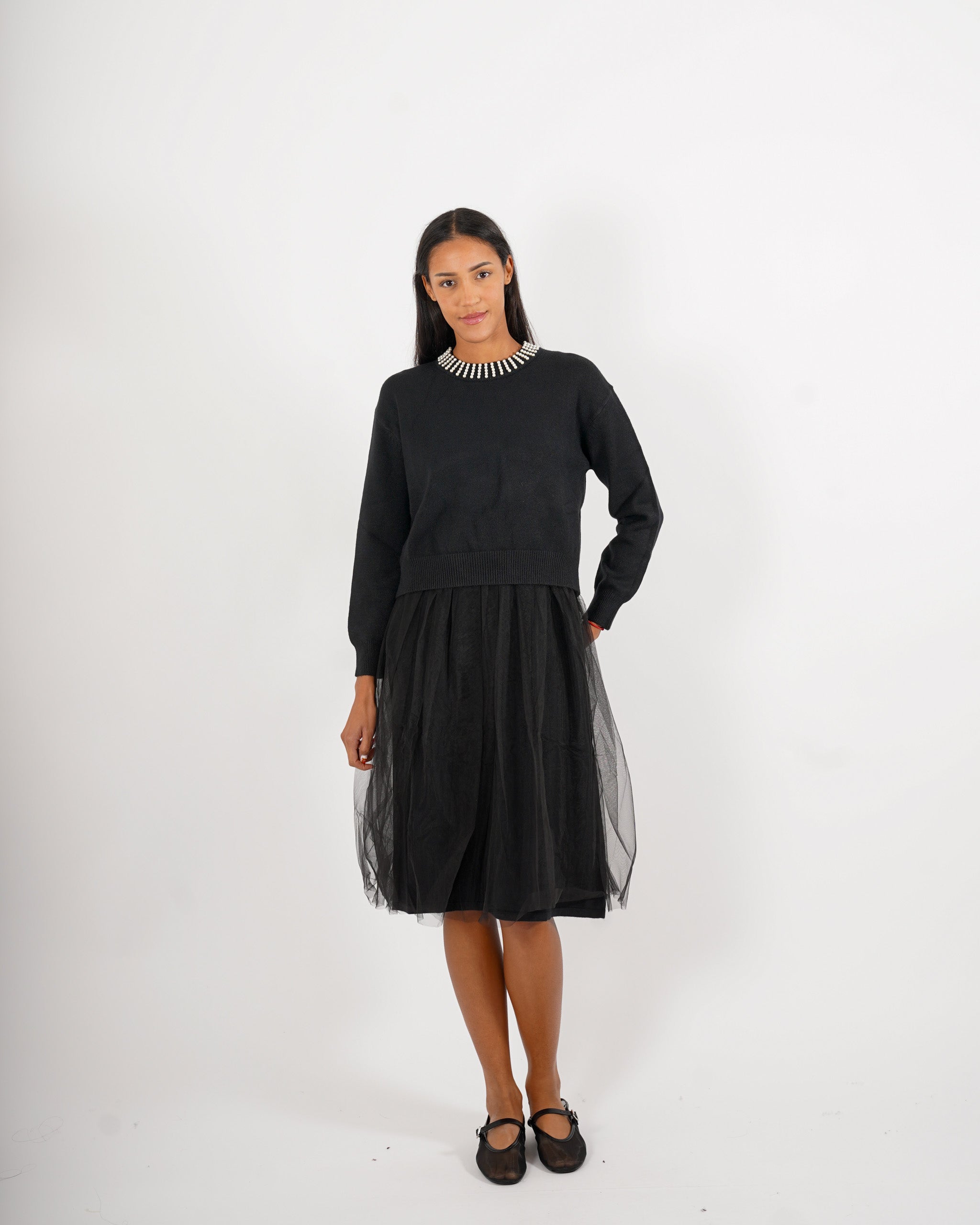 Abito girocollo con applicazione in tricot e in tulle - Crimea