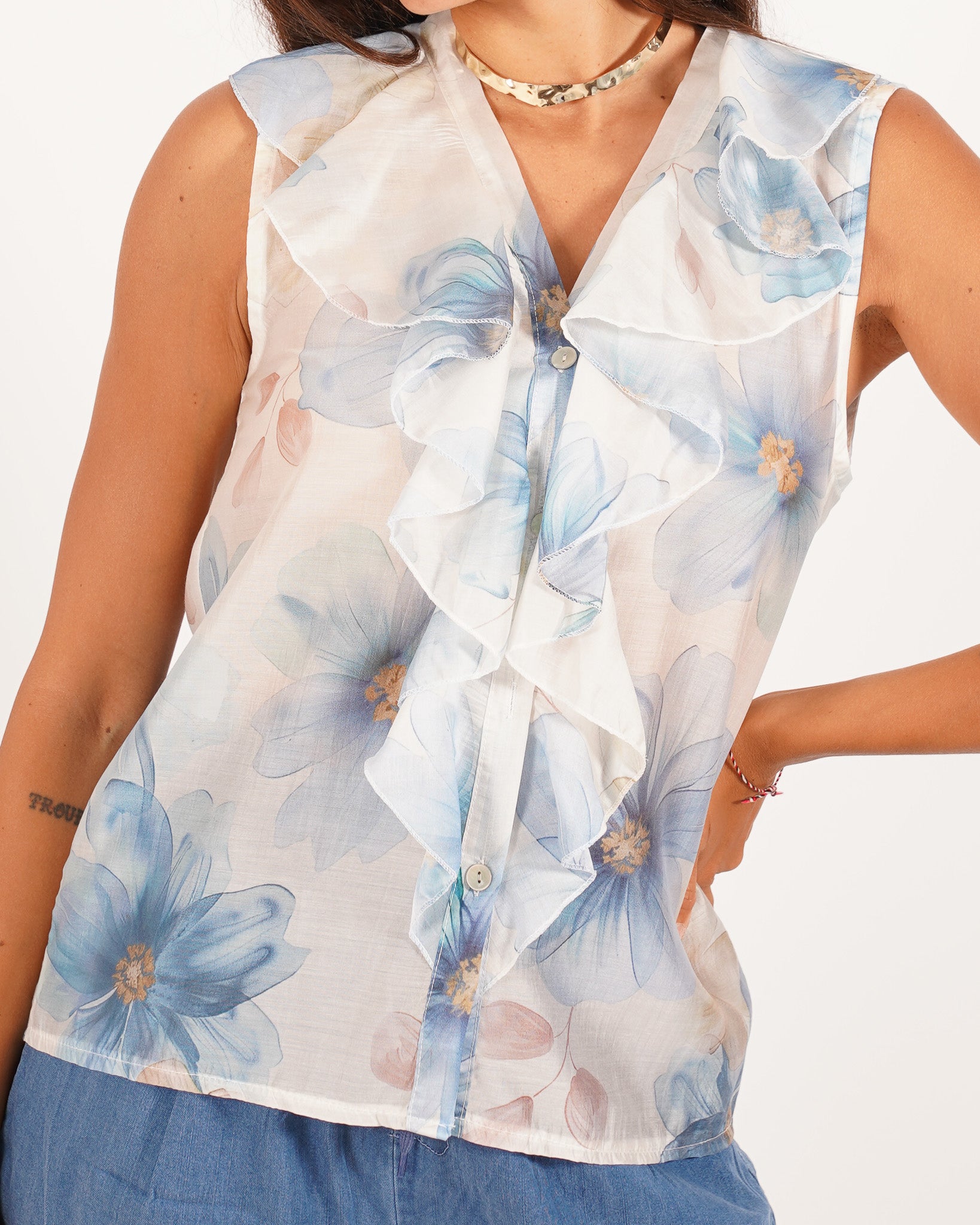 Blusa smanicata con rouche frontale e stampa floreale - Priscilla