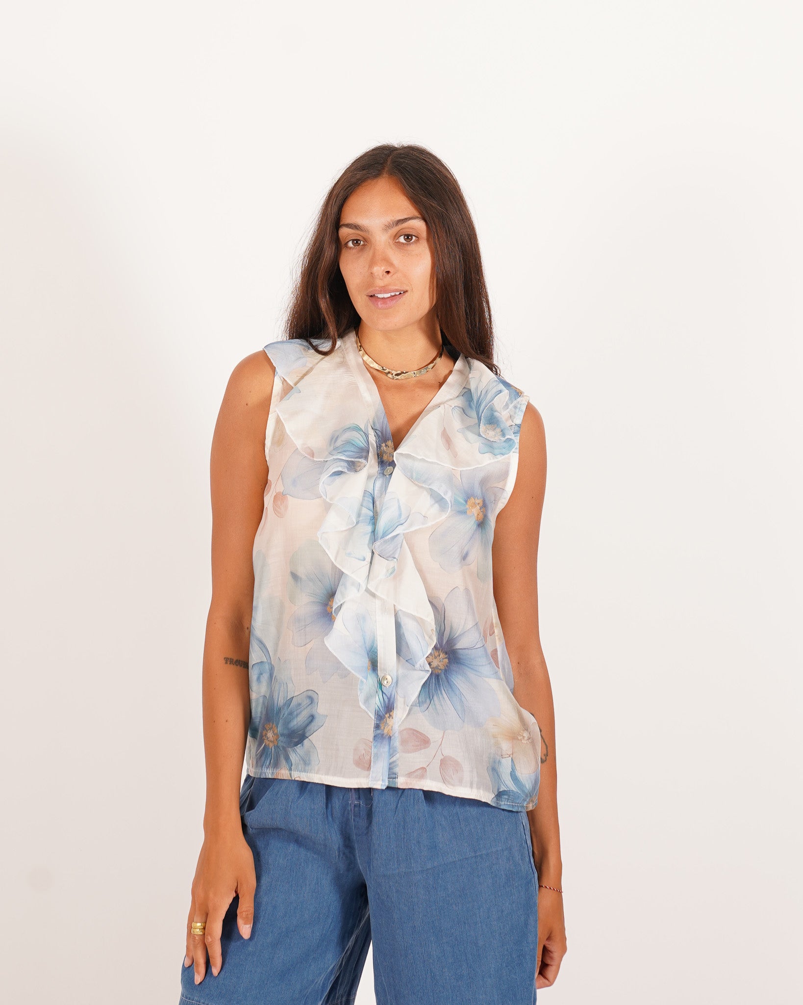 Blusa smanicata con rouche frontale e stampa floreale - Priscilla