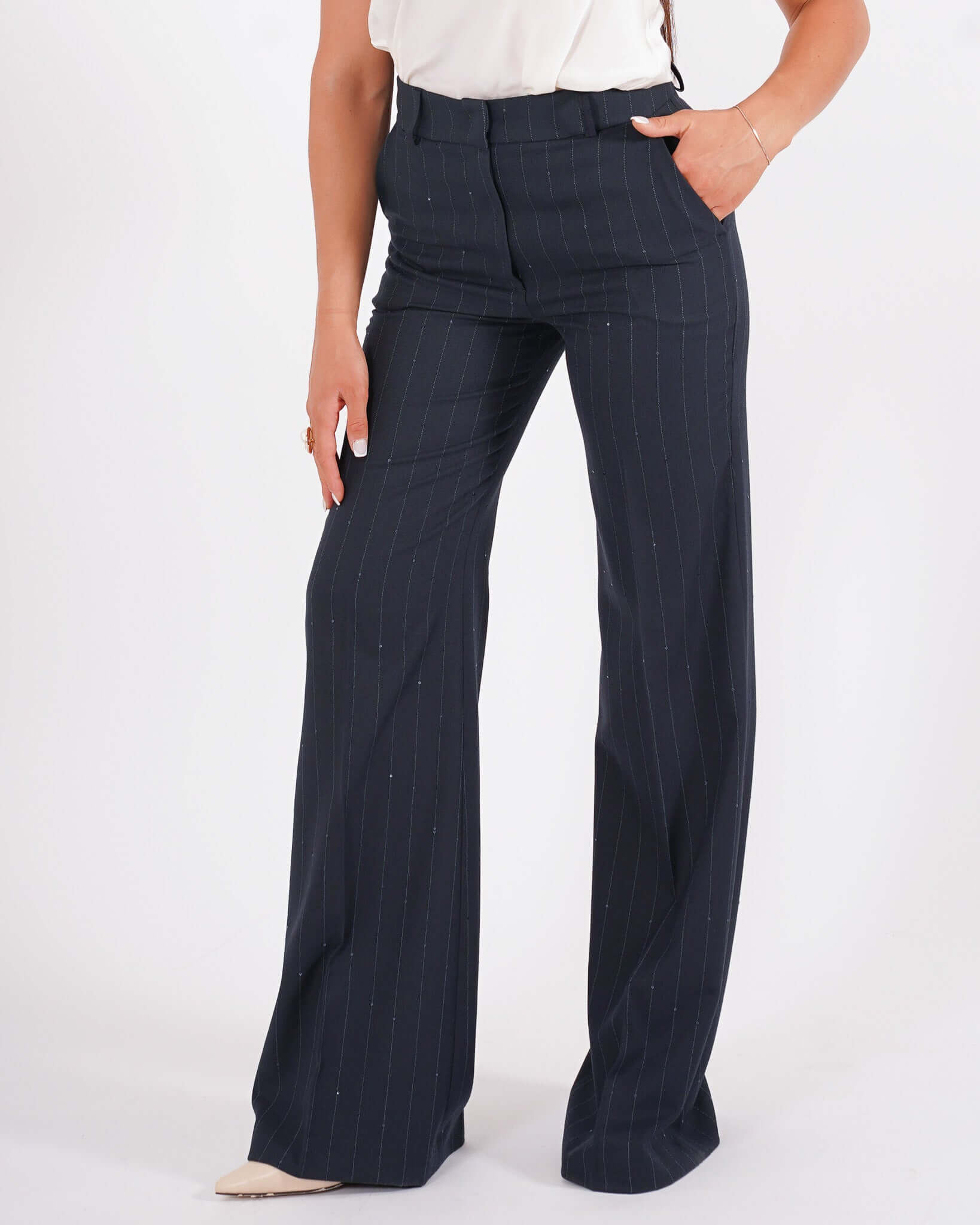 Pantaloni palazzo gessati vita alta con micro pailletts - Roberts