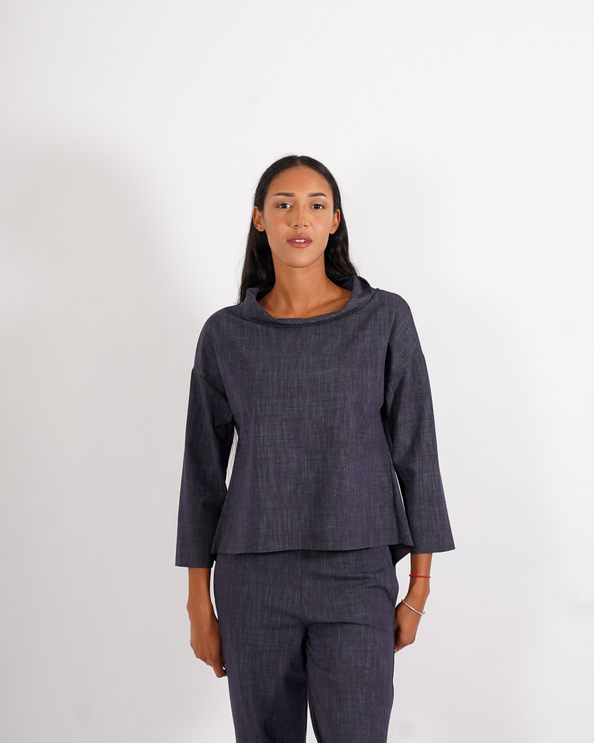 Felpa over con collo a cratere in denim stretch - Cassibile