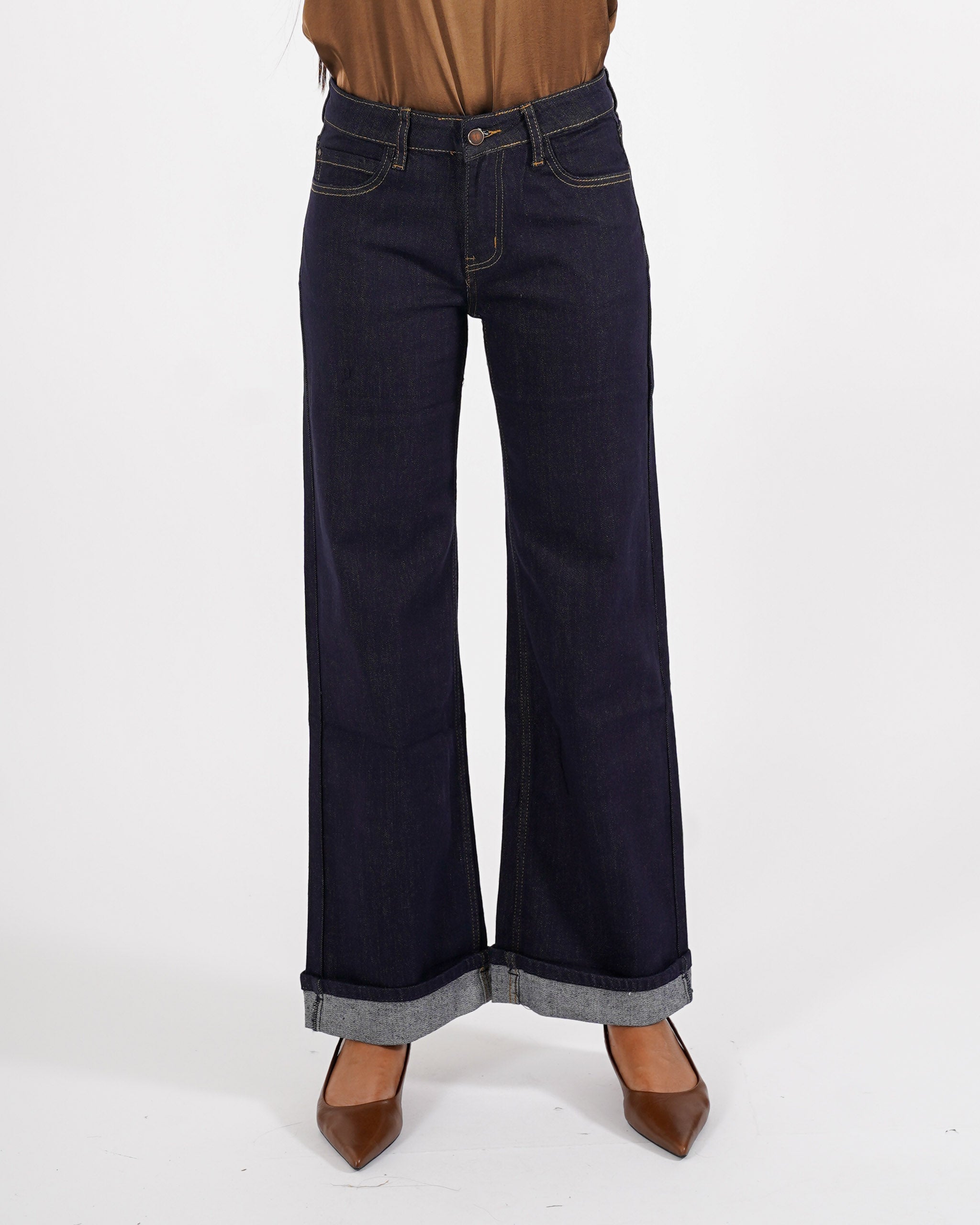 Jeans stretch gamba larga con risvolto - Amparo