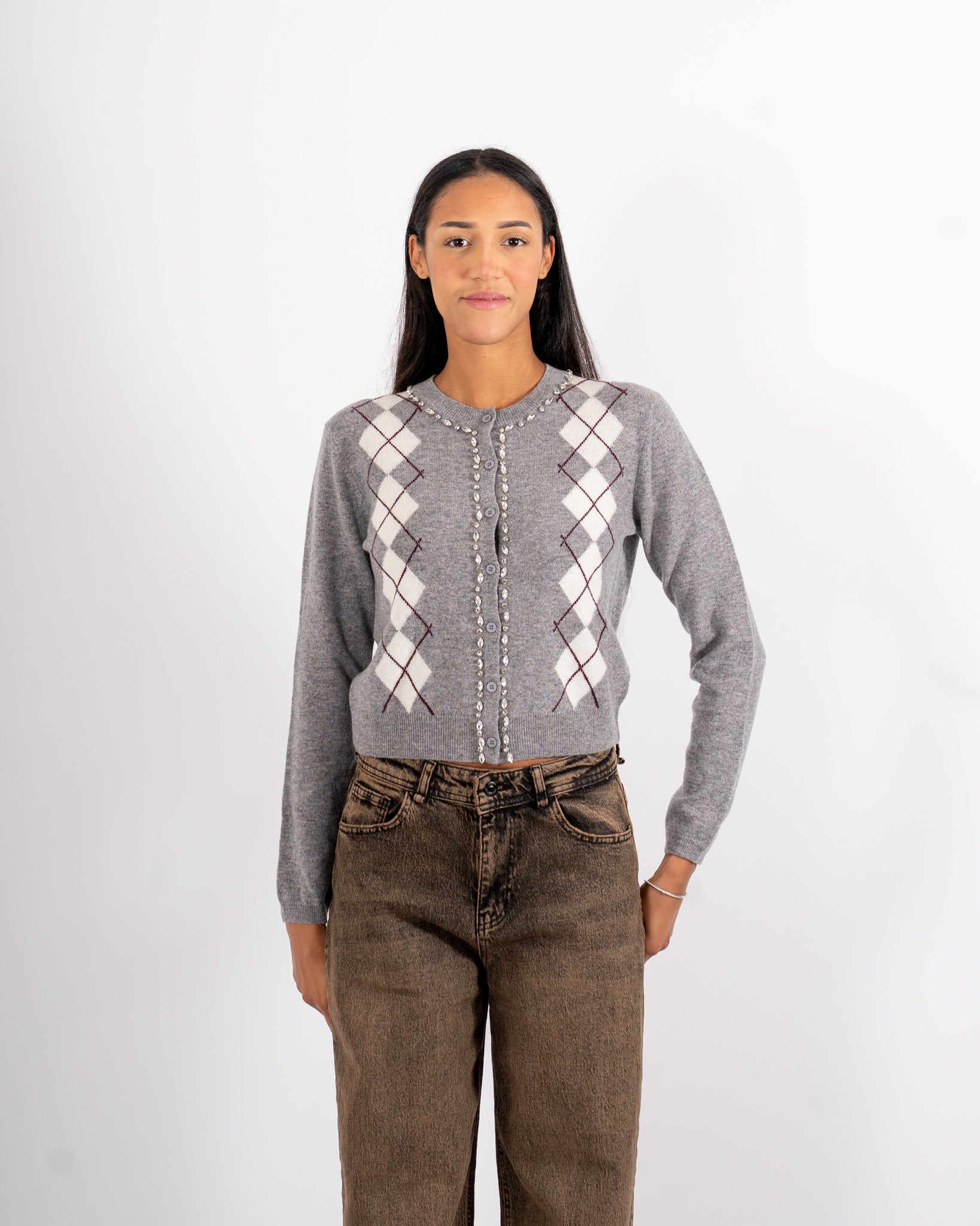 Cardigan con losanghe e applicazioni in lana - Dukla