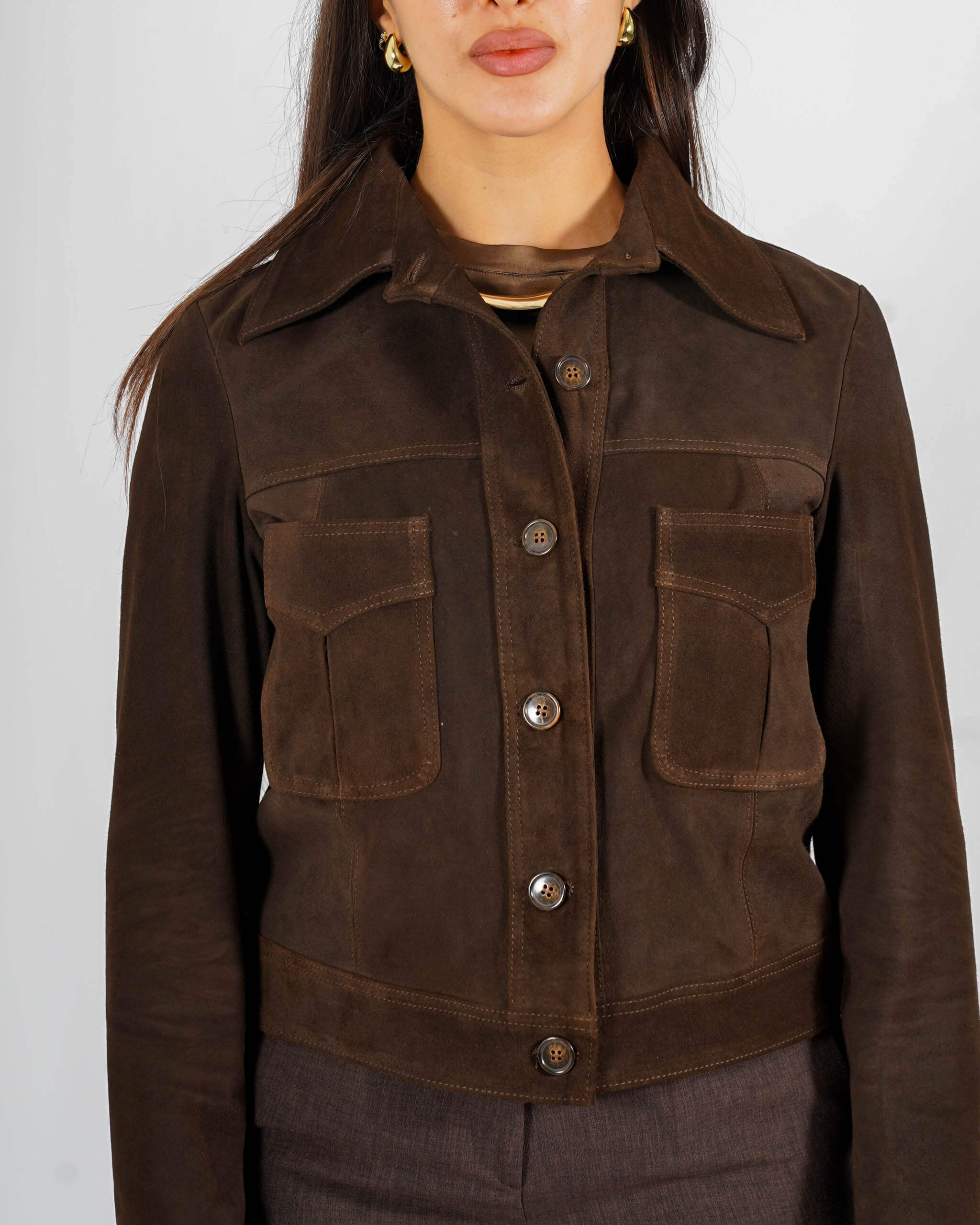 Bomber con bottoni e tasche a pattina in crosta vintage - Damaris