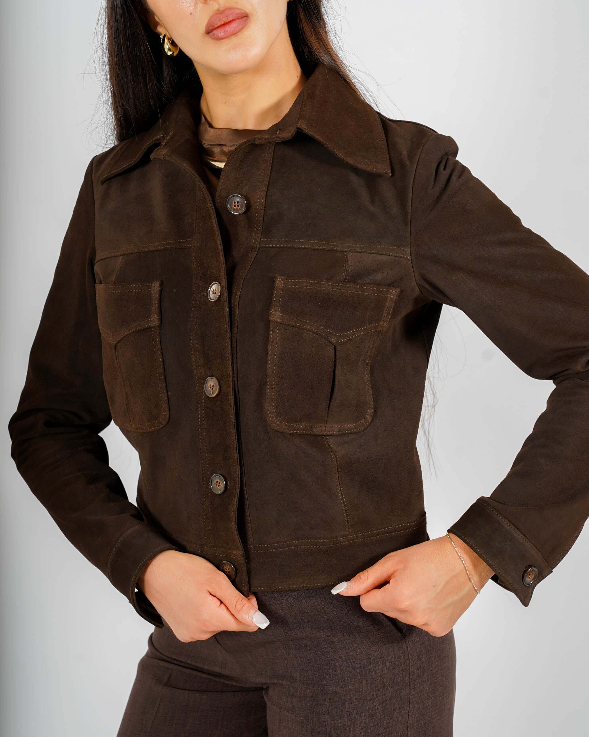Bomber con bottoni e tasche a pattina in crosta vintage - Damaris