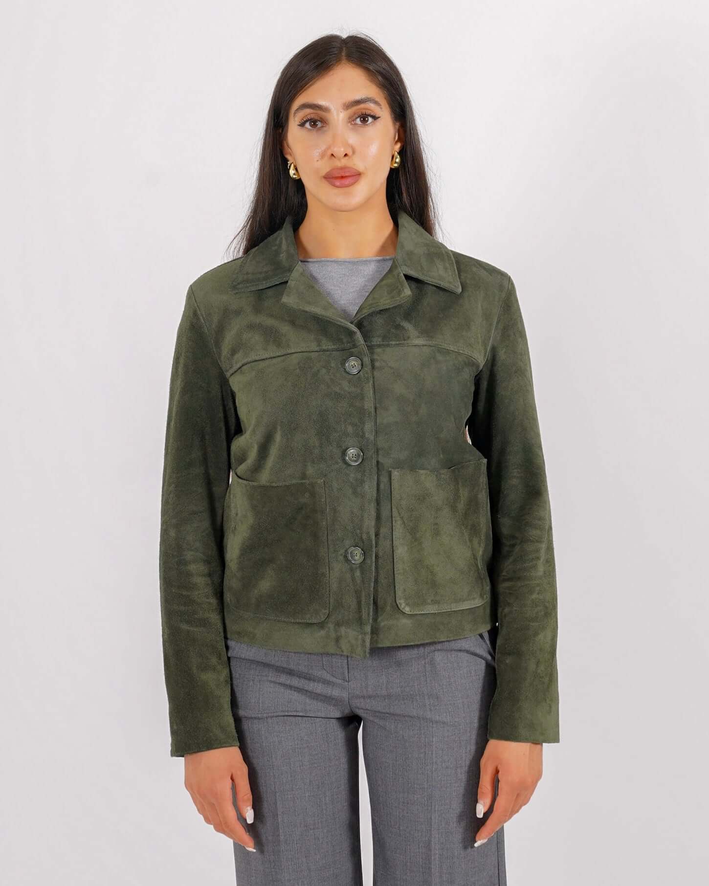 Bomber con bottoni e tasche a pattina in crosta vintage - Verna