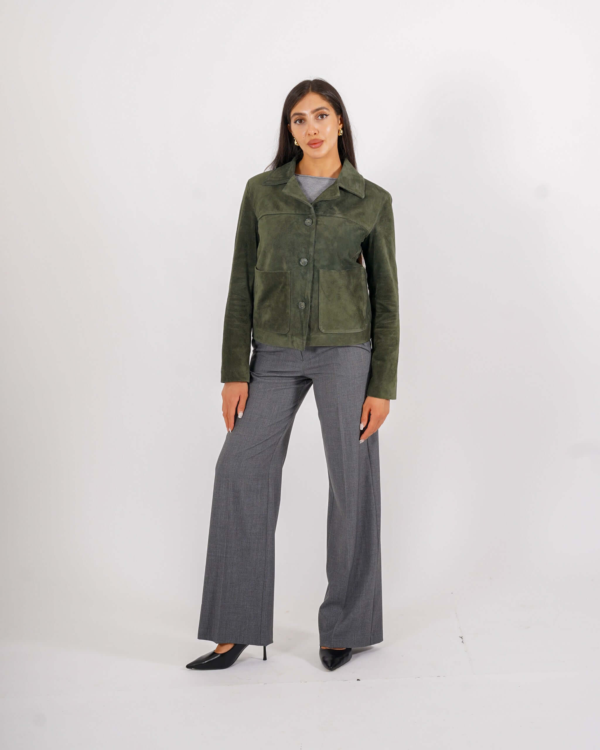 Bomber con bottoni e tasche a pattina in crosta vintage - Verna
