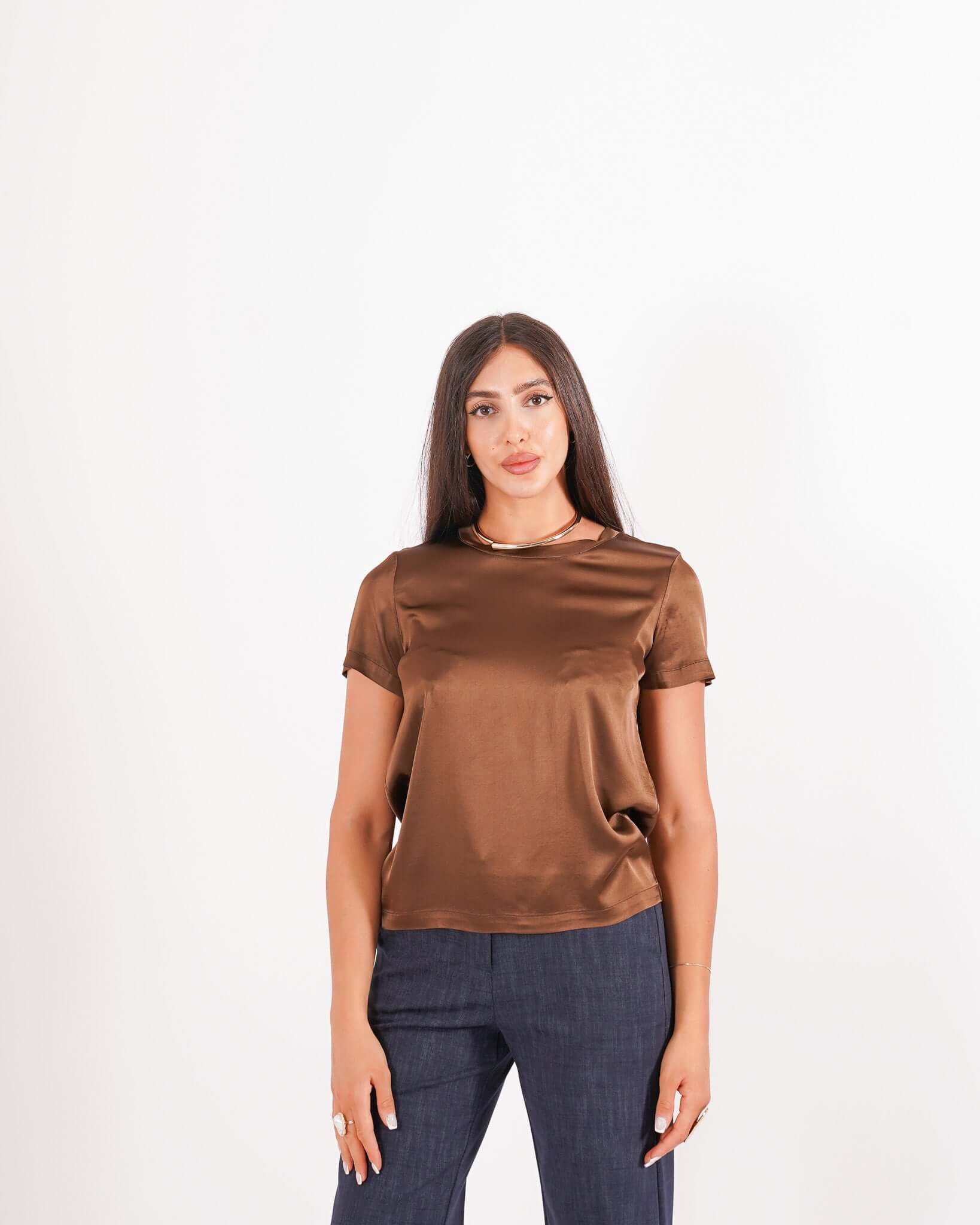 Blusa girocollo mezza manica in raso - Rewill