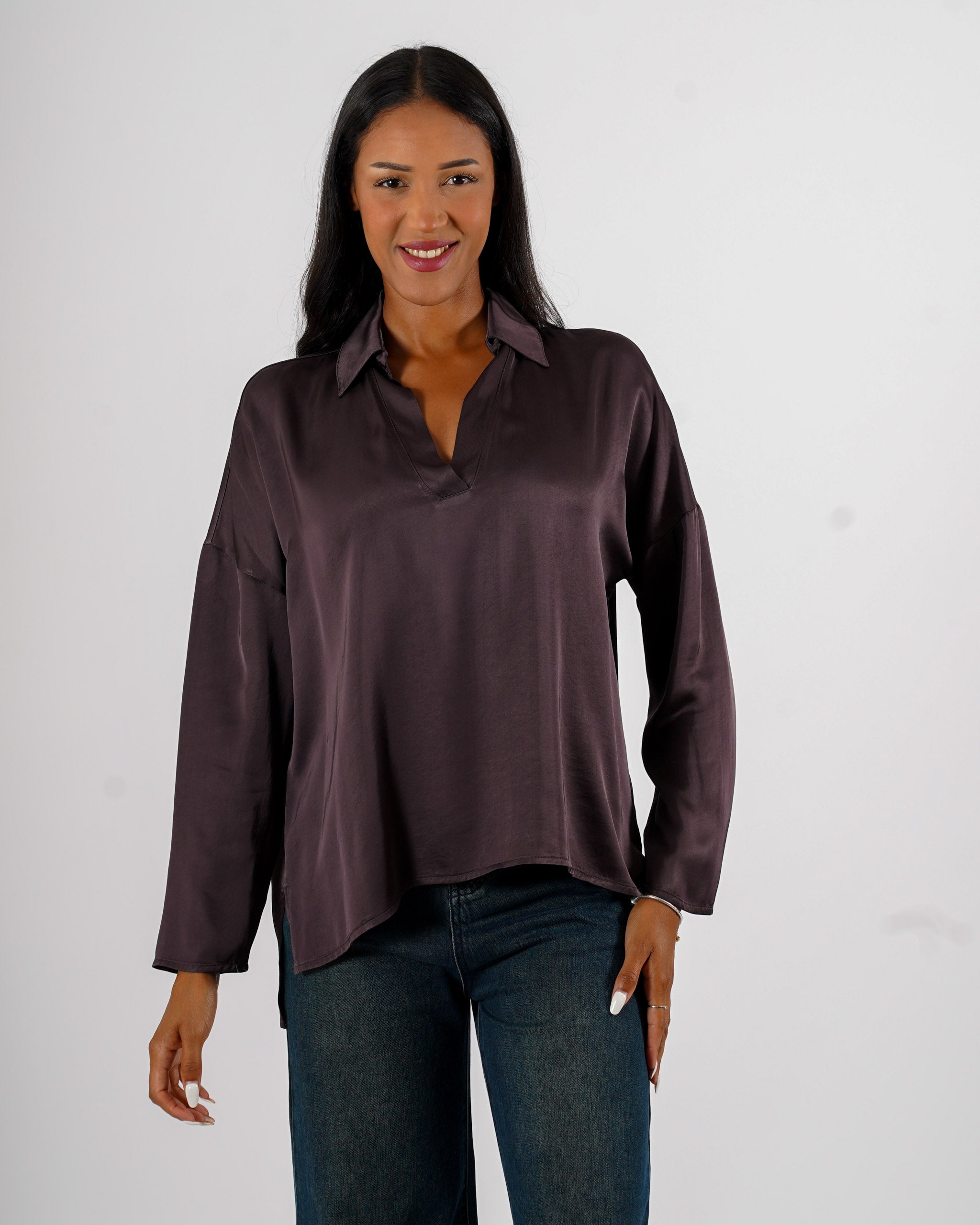 Blusa scollo a v manica lunga in mano raso - Vayana