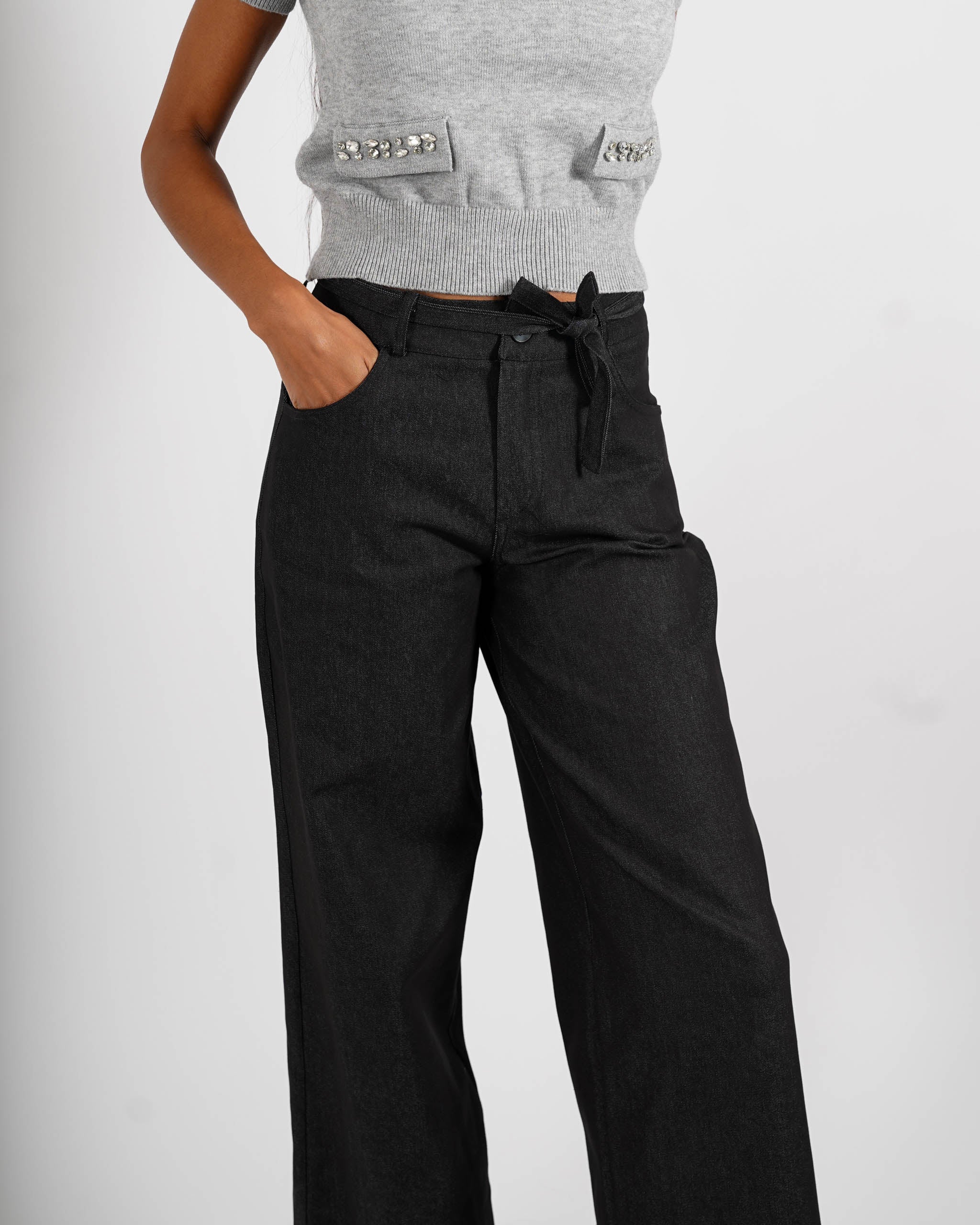 Pantaloni gamba larga con coulisse in denim strectch - Impacciata