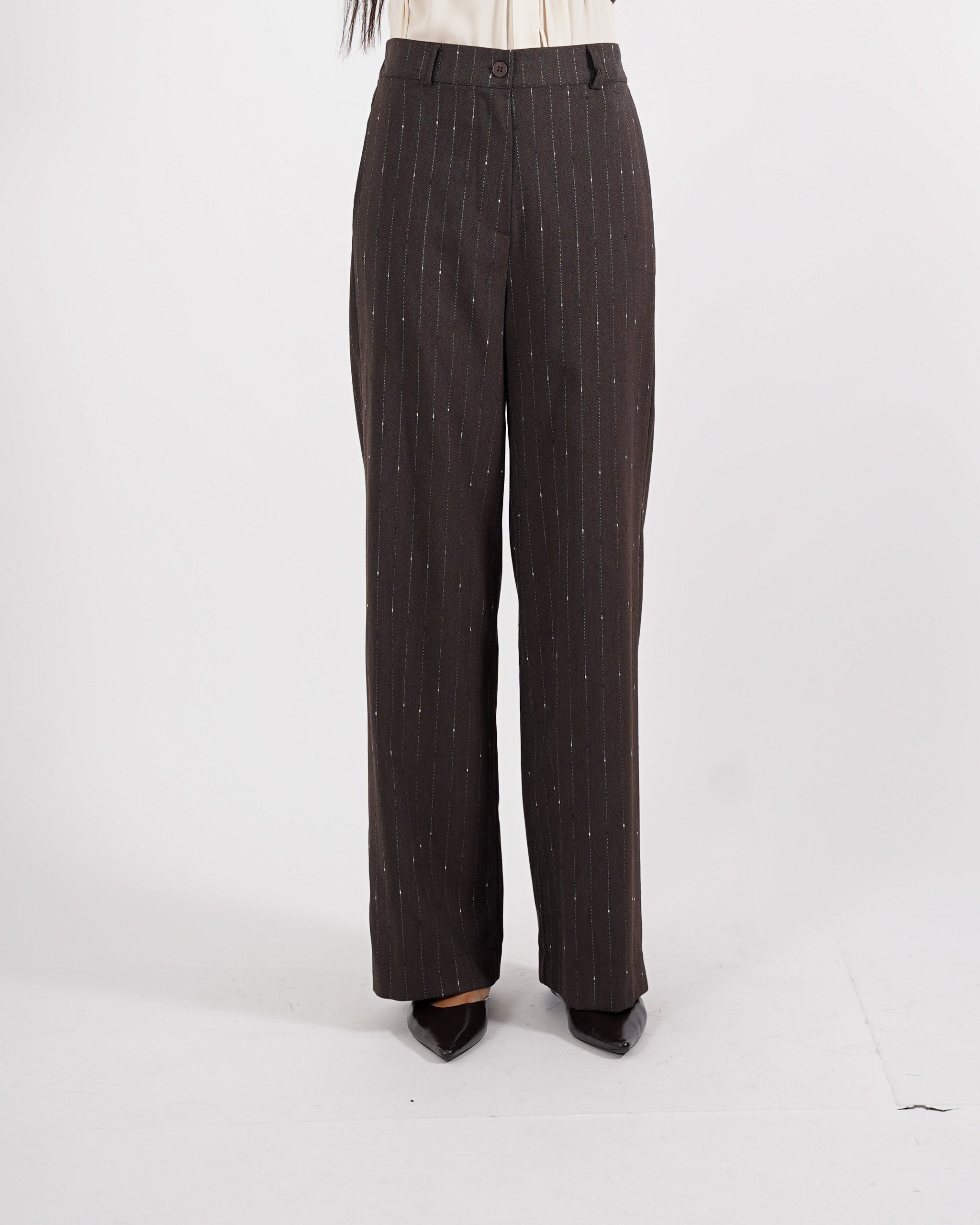 Pantaloni palazzo gessati gamba larga in fresco lana - Amata