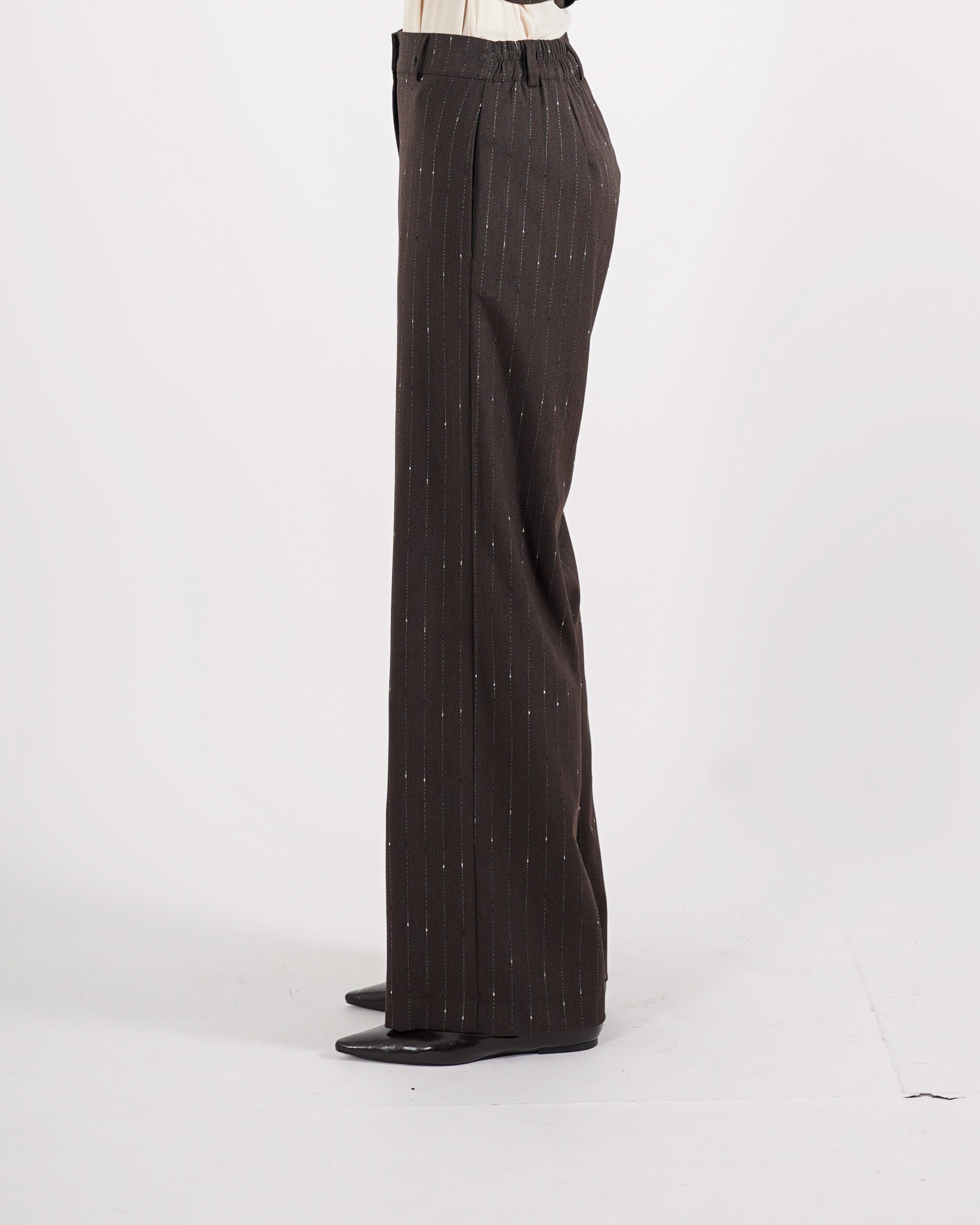Pantaloni palazzo gessati gamba larga in fresco lana - Amata