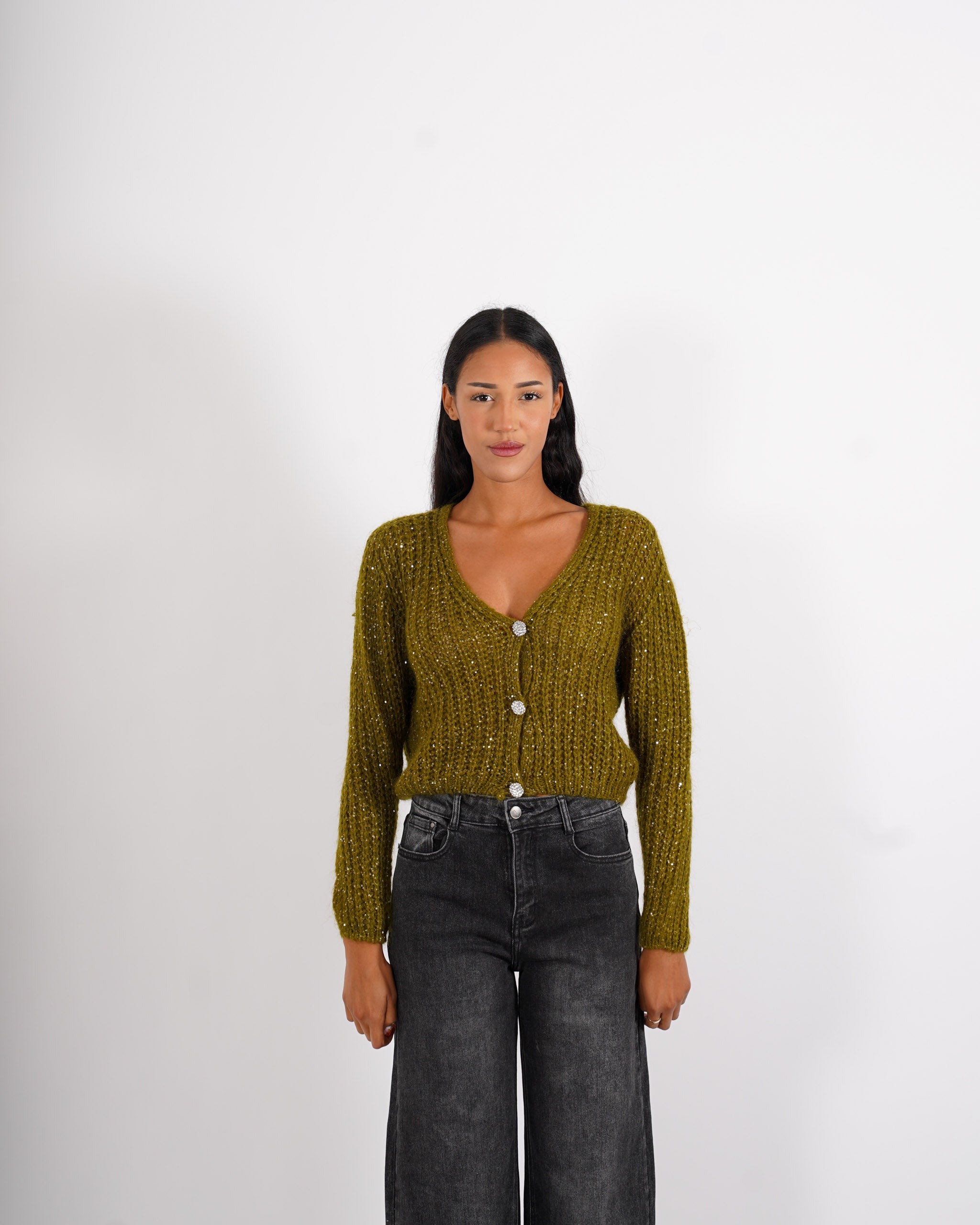 Cardigan con bottone gioiello in lana mohair - Rosalinda