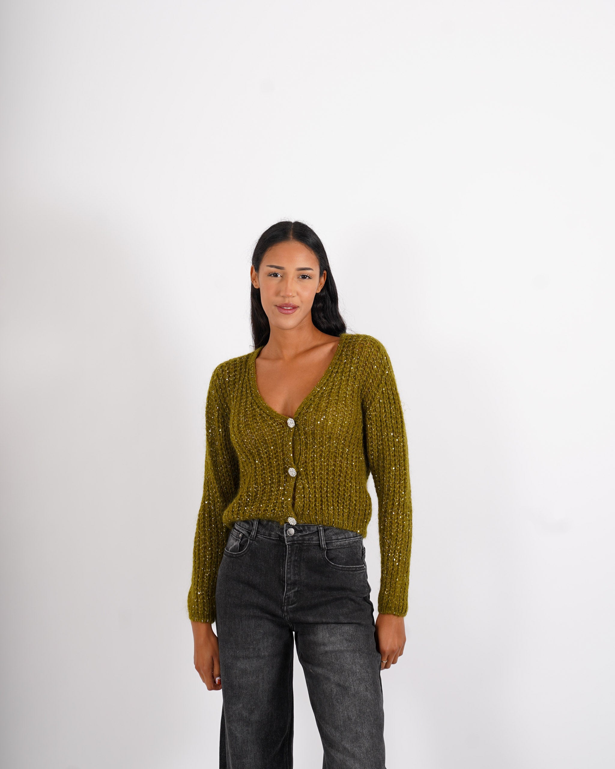 Cardigan con bottone gioiello in lana mohair - Rosalinda