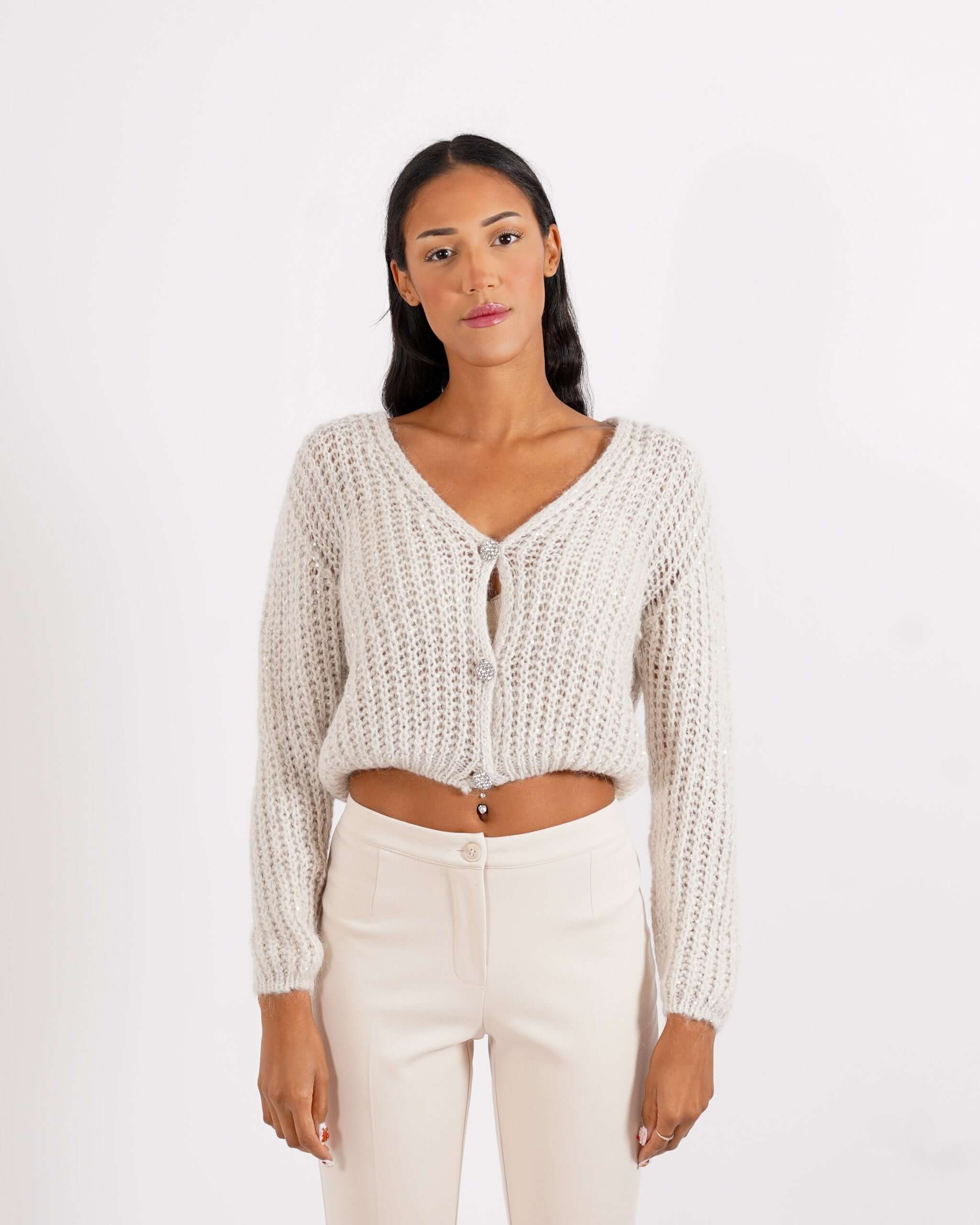 Cardigan con bottone gioiello in lana mohair - Rosalinda - Hope Fashion