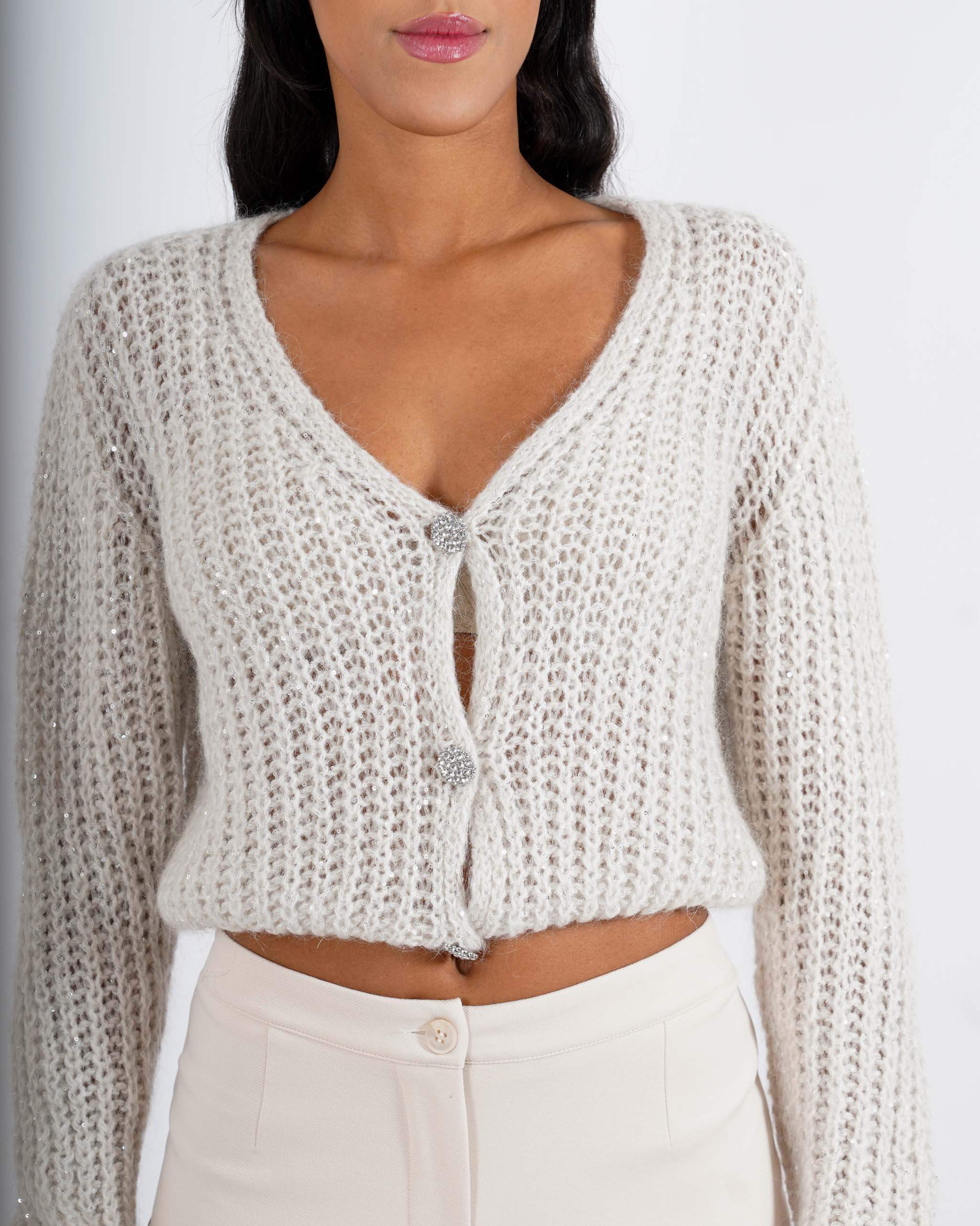 Cardigan con bottone gioiello in lana mohair - Rosalinda - Hope Fashion