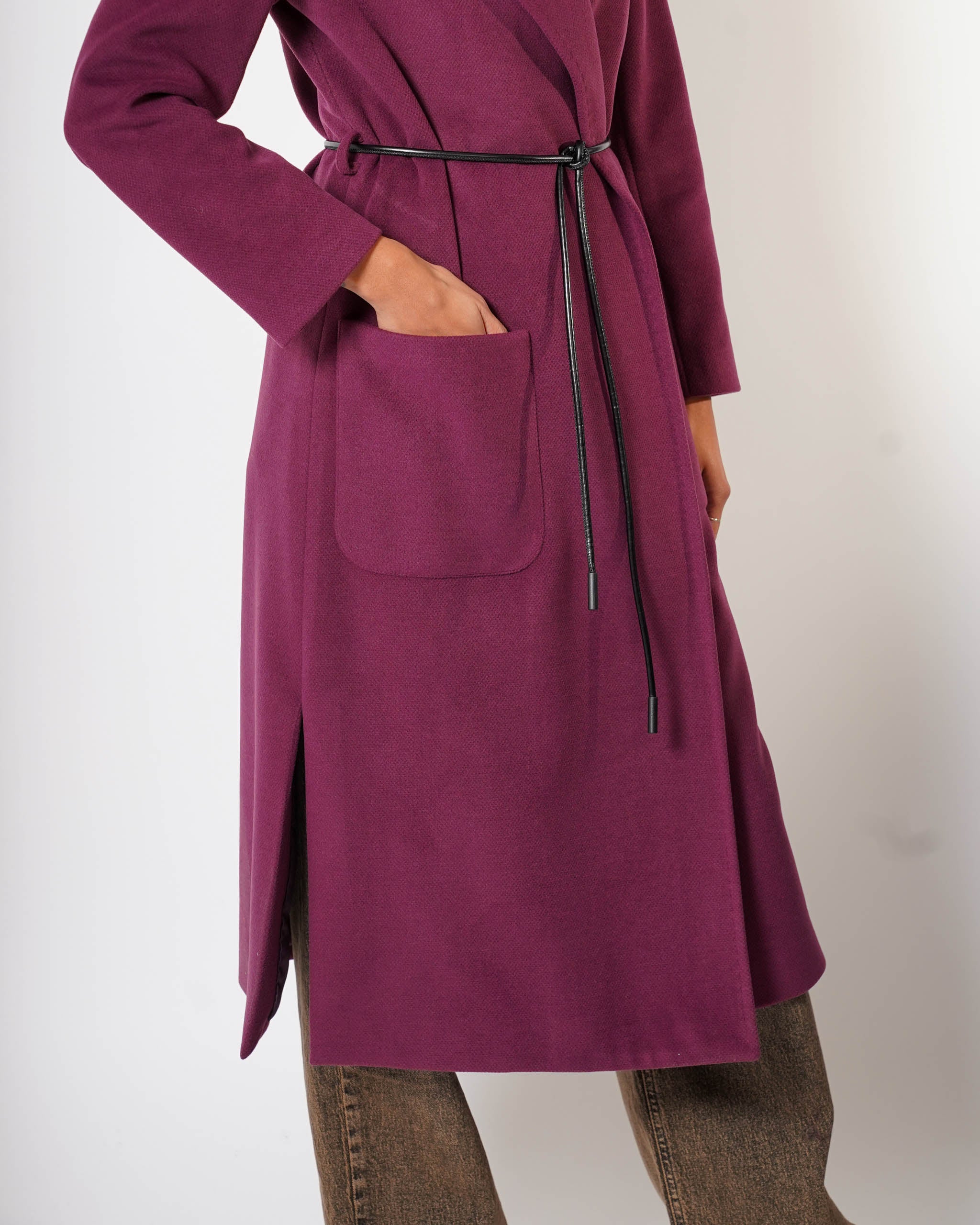 Cappotto lungo con cintura a filo in ecopelle e tasche davanti - Tricot