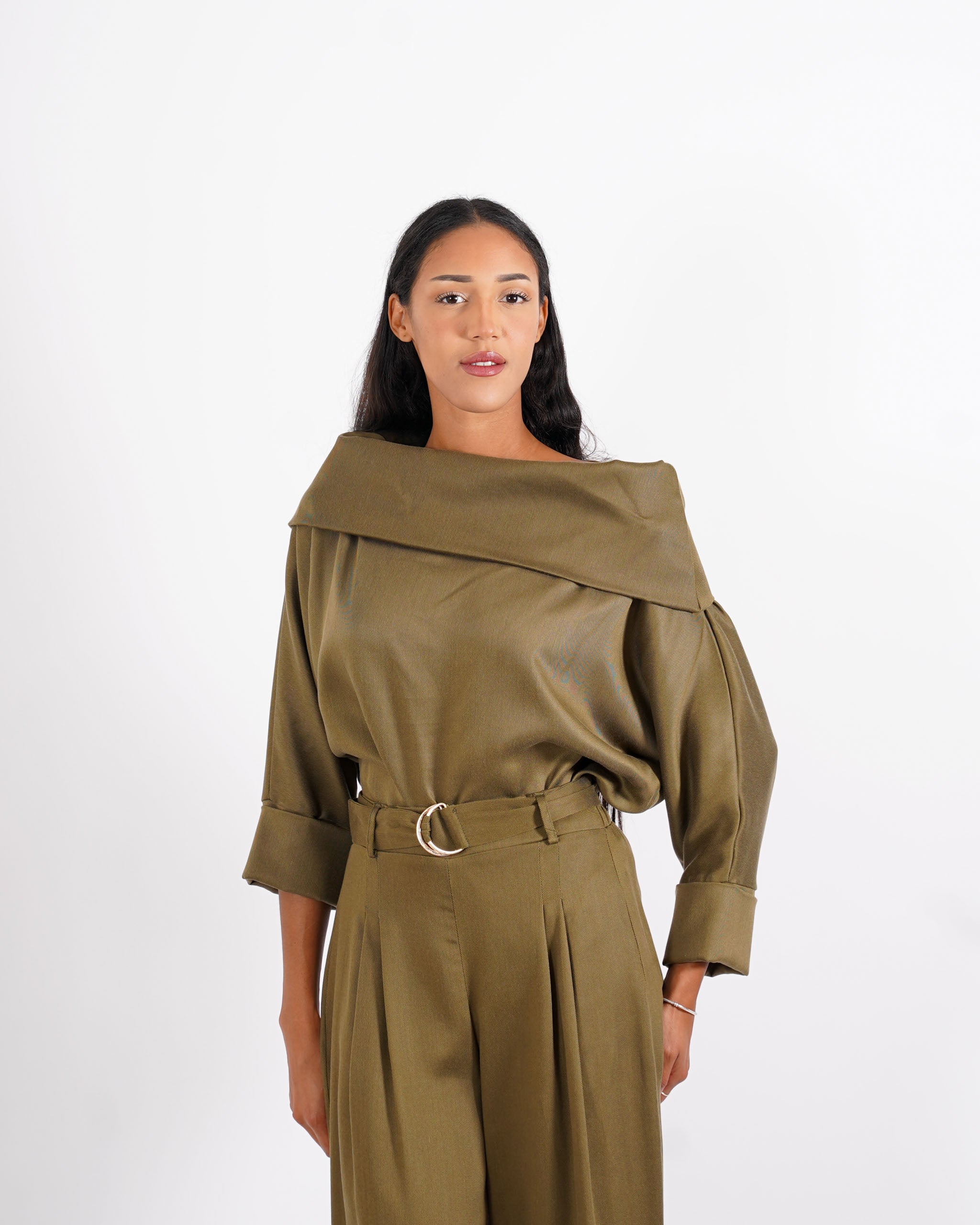 Blusa collo ampio in tessuto diagonale -  Vanitosa